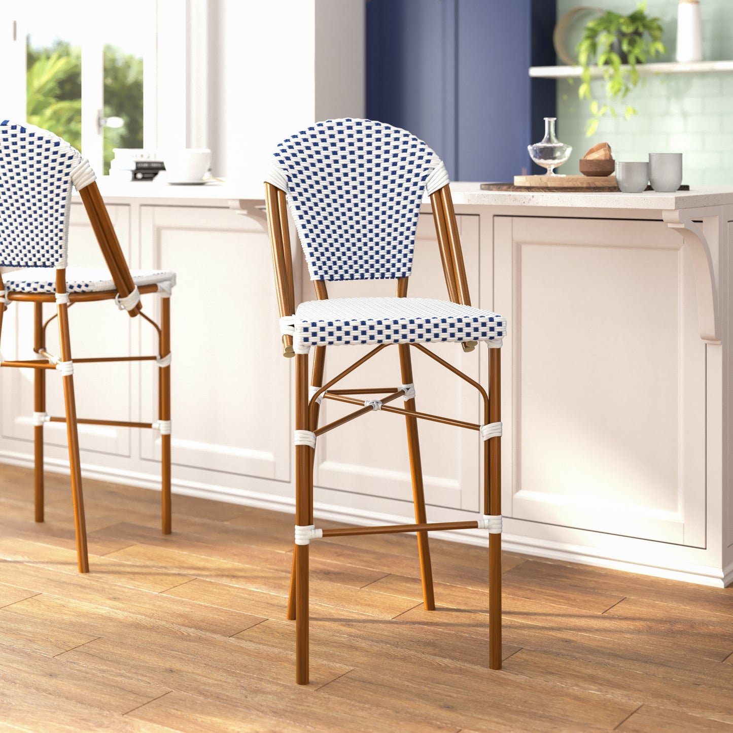 Lourdes Set of 2 Stackable Indoor/Outdoor Bistro 30" High Barstools, Commercial Grade, White/Navy and Bamboo Finish White & Navy/Natural Frame