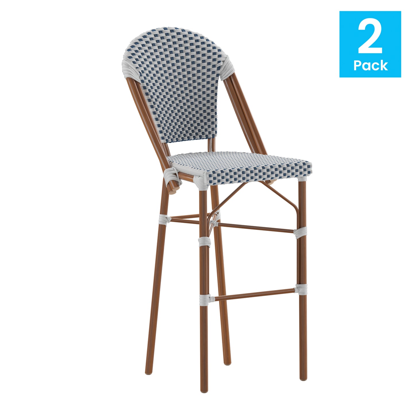 Lourdes Set of 2 Stackable Indoor/Outdoor Bistro 30" High Barstools, Commercial Grade, White/Navy and Bamboo Finish White & Navy/Natural Frame