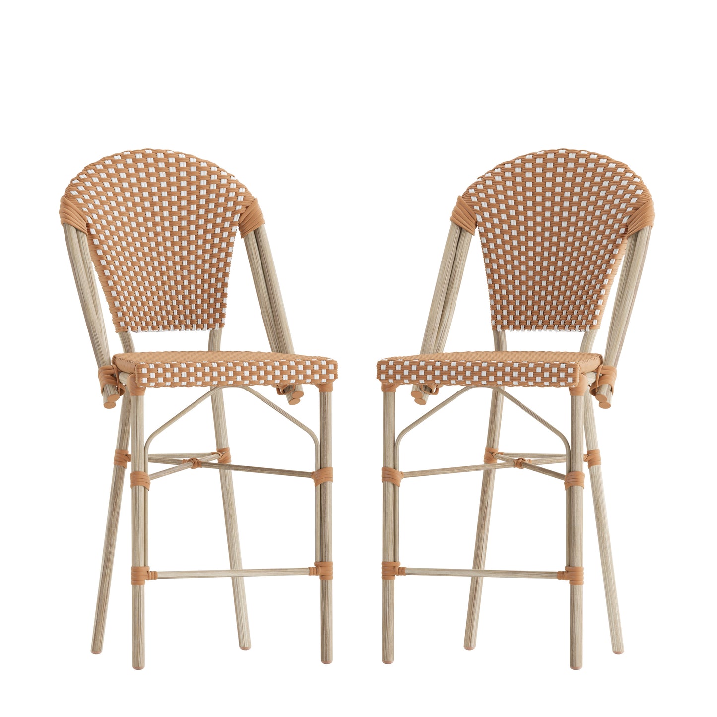 Lourdes Set of 2 Stackable Indoor/Outdoor Bistro 26" High Counter Height Stools, Commercial Grade, Natural/White and Light Natural Finish Natural & White/Light Natural Frame