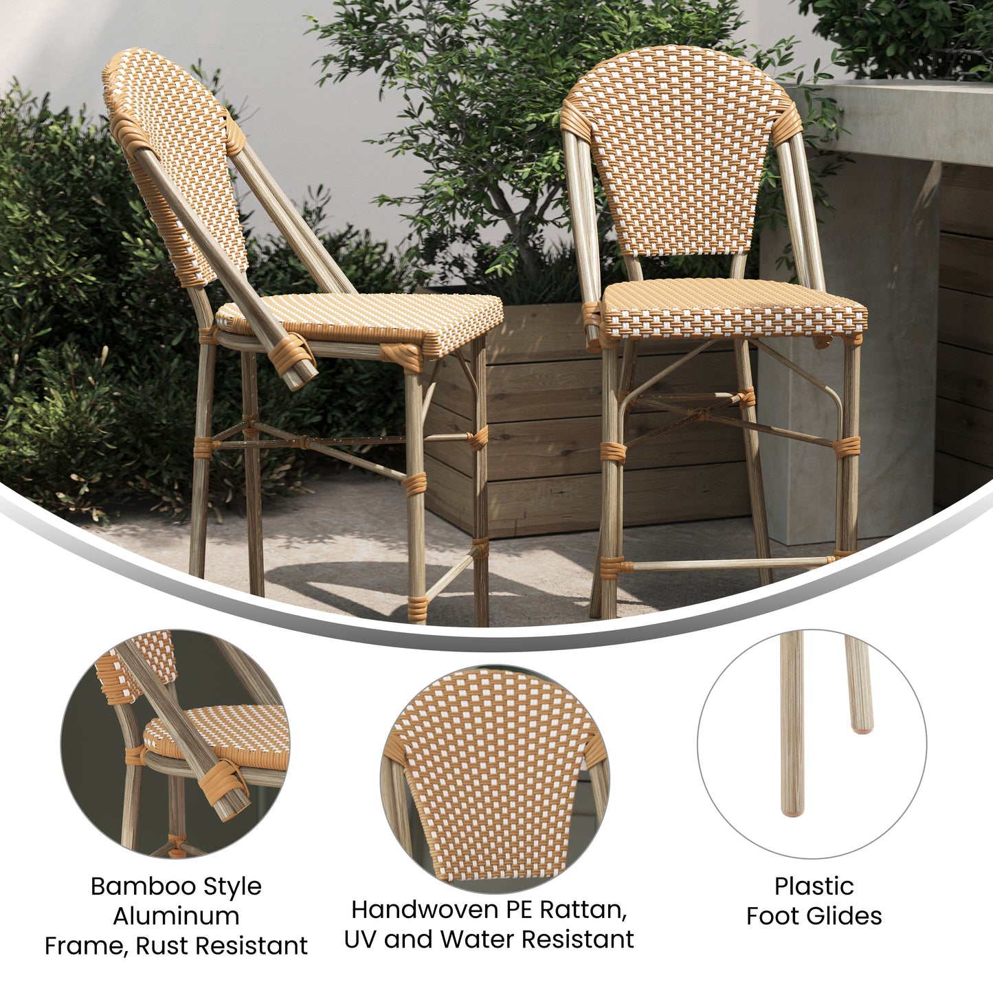 Lourdes Set of 2 Stackable Indoor/Outdoor Bistro 26" High Counter Height Stools, Commercial Grade, Natural/White and Light Natural Finish Natural & White/Light Natural Frame