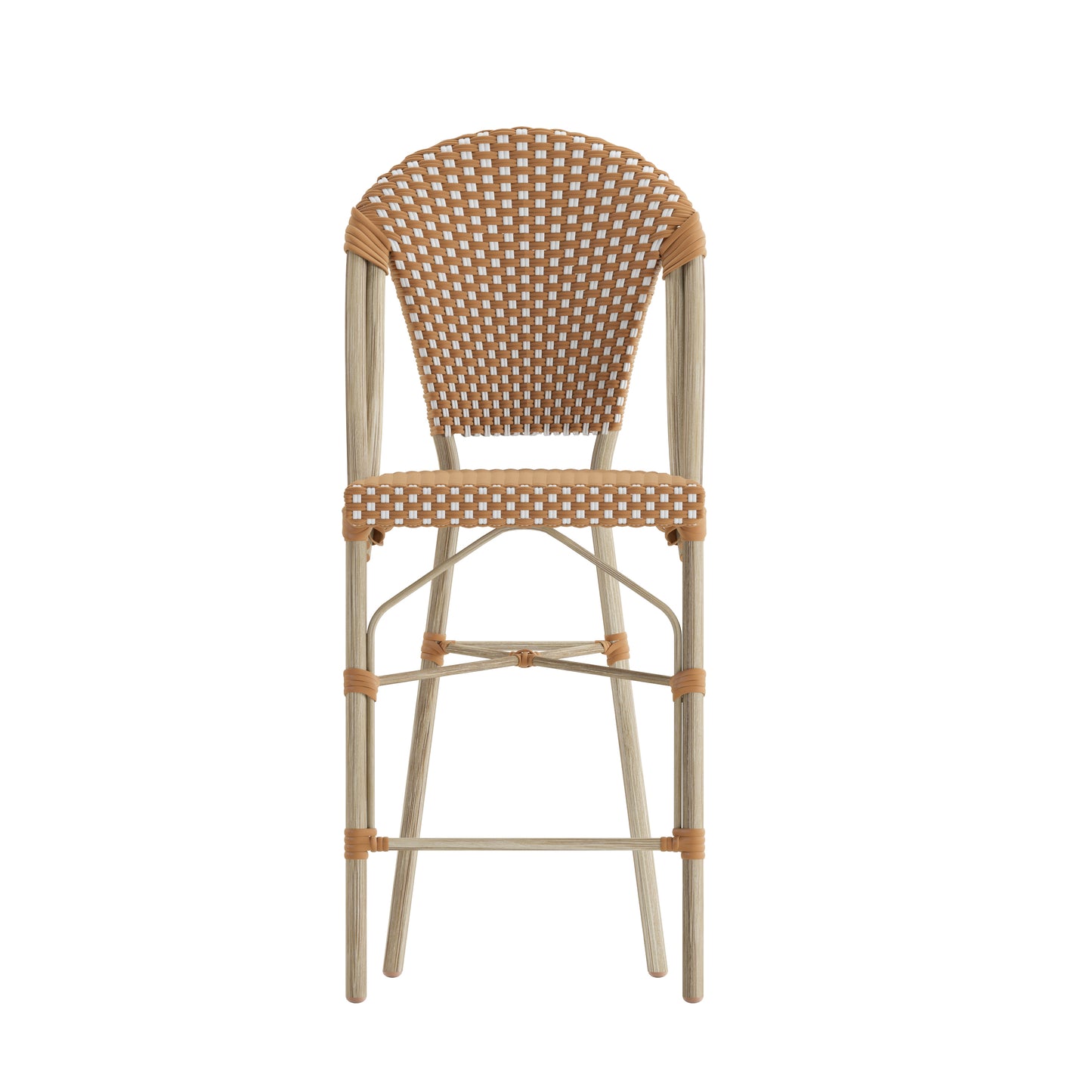 Lourdes Set of 2 Stackable Indoor/Outdoor Bistro 26" High Counter Height Stools, Commercial Grade, Natural/White and Light Natural Finish Natural & White/Light Natural Frame