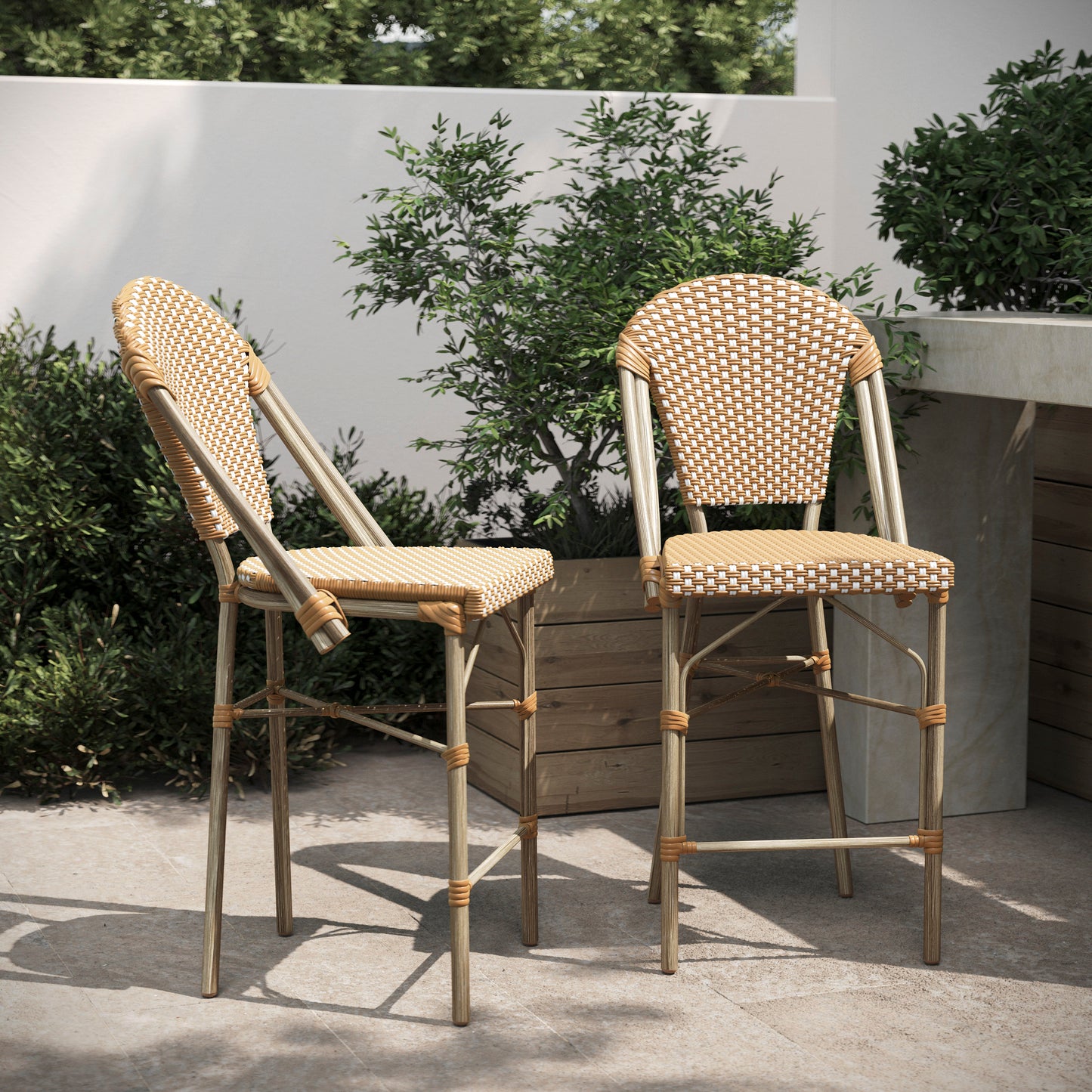 Lourdes Set of 2 Stackable Indoor/Outdoor Bistro 26" High Counter Height Stools, Commercial Grade, Natural/White and Light Natural Finish Natural & White/Light Natural Frame