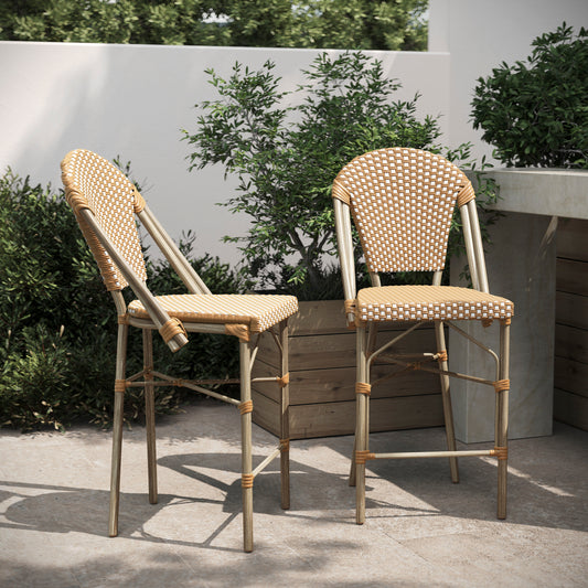 Lourdes Set of 2 Stackable Indoor/Outdoor Bistro 26" High Counter Height Stools, Commercial Grade, Natural/White and Light Natural Finish Natural & White/Light Natural Frame