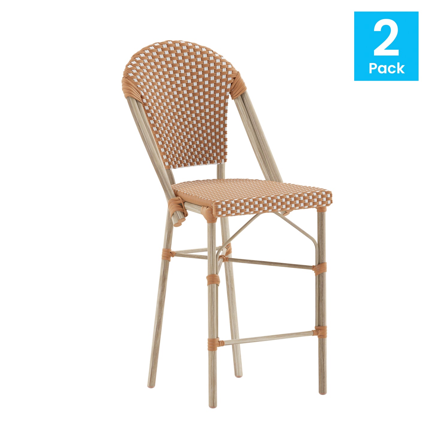 Lourdes Set of 2 Stackable Indoor/Outdoor Bistro 26" High Counter Height Stools, Commercial Grade, Natural/White and Light Natural Finish Natural & White/Light Natural Frame