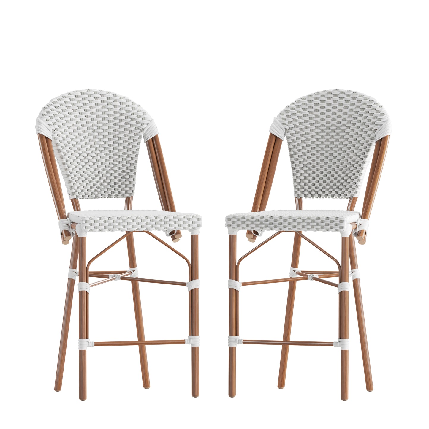 Lourdes Set of 2 Stackable Indoor/Outdoor Bistro 26" High Counter Height Stools, Commercial Grade, White/Gray and Bamboo Finish White & Gray/Natural Frame