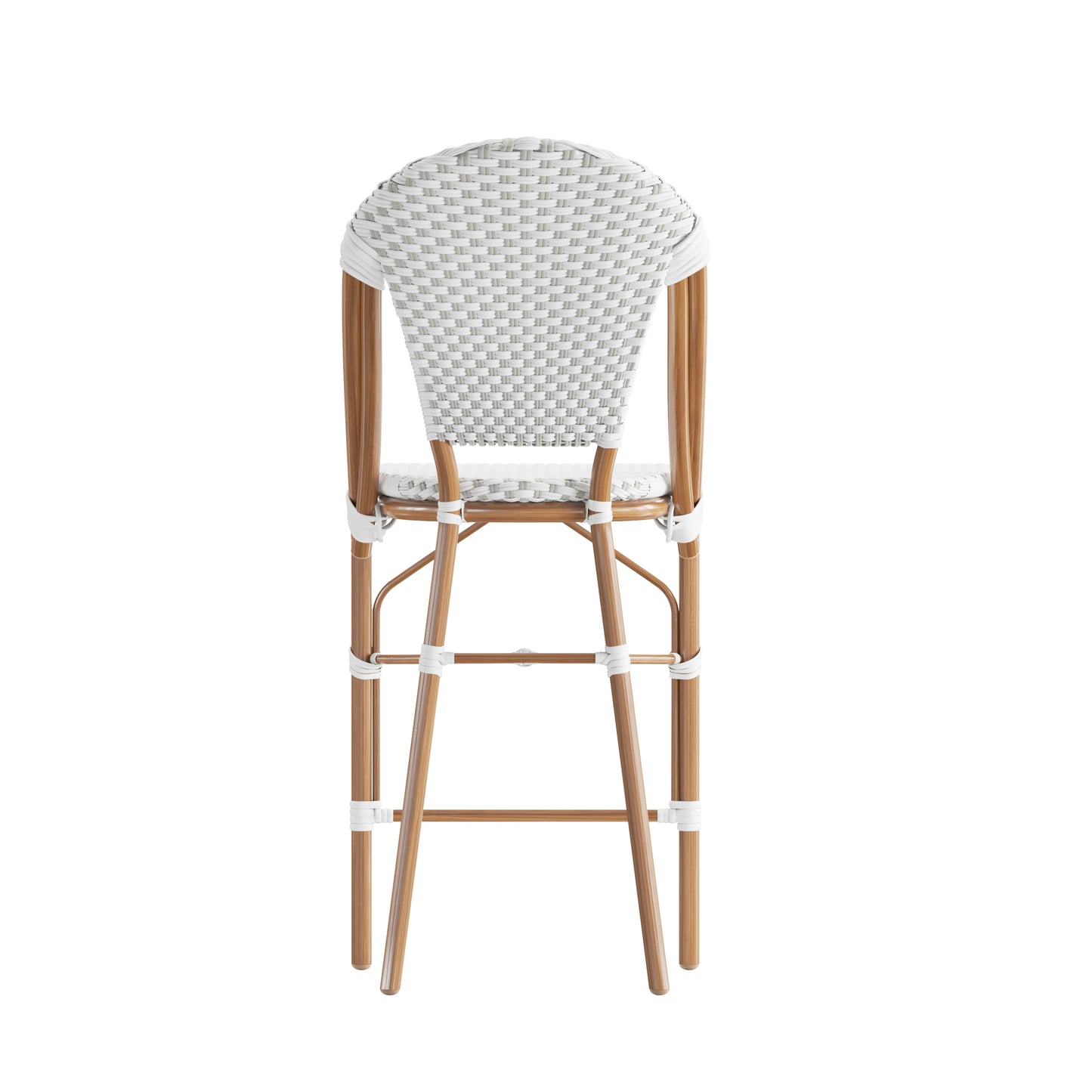 Lourdes Set of 2 Stackable Indoor/Outdoor Bistro 26" High Counter Height Stools, Commercial Grade, White/Gray and Bamboo Finish White & Gray/Natural Frame