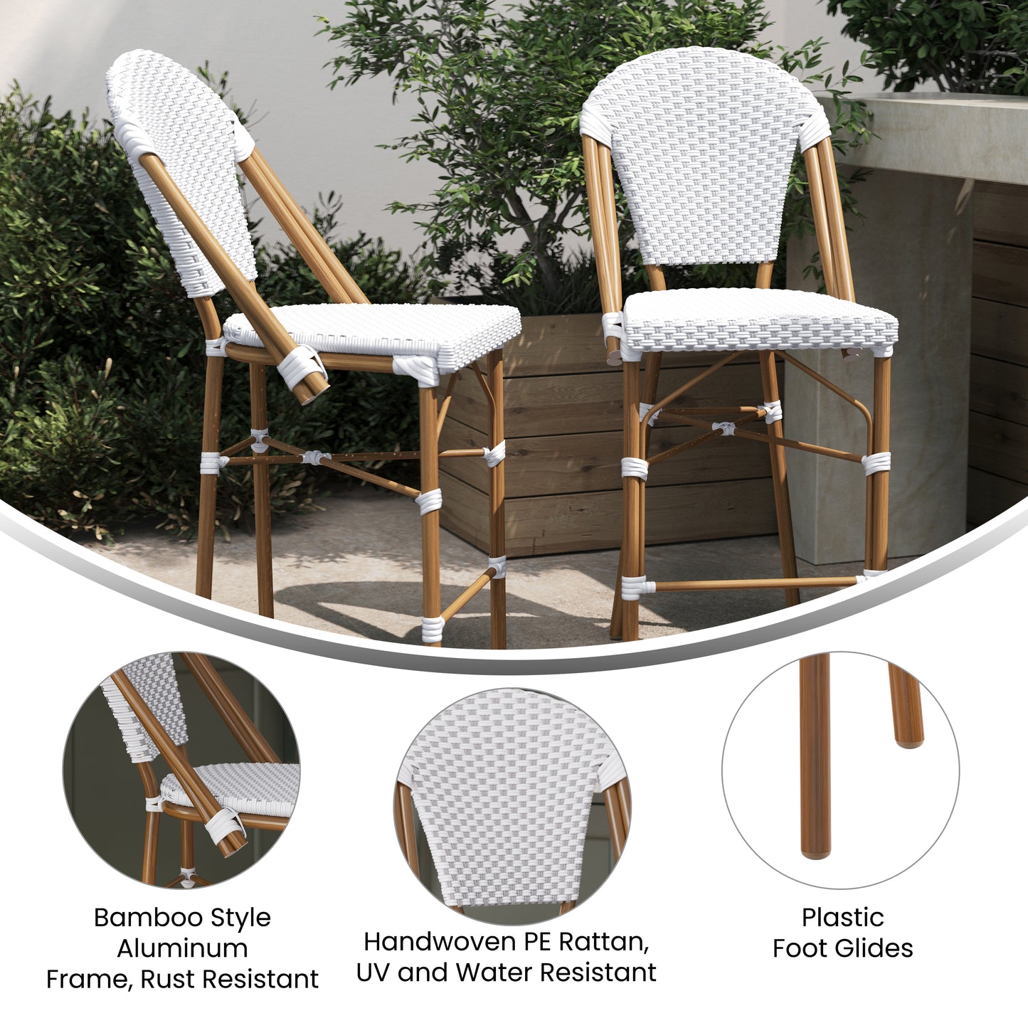 Lourdes Set of 2 Stackable Indoor/Outdoor Bistro 26" High Counter Height Stools, Commercial Grade, White/Gray and Bamboo Finish White & Gray/Natural Frame