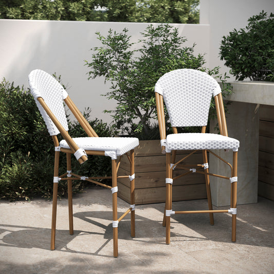 Lourdes Set of 2 Stackable Indoor/Outdoor Bistro 26" High Counter Height Stools, Commercial Grade, White/Gray and Bamboo Finish White & Gray/Natural Frame
