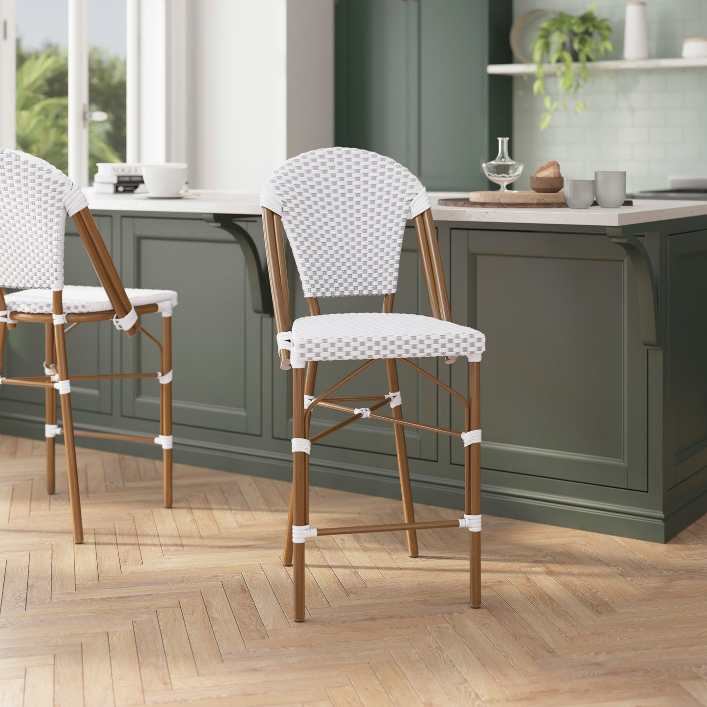 Lourdes Set of 2 Stackable Indoor/Outdoor Bistro 26" High Counter Height Stools, Commercial Grade, White/Gray and Bamboo Finish White & Gray/Natural Frame