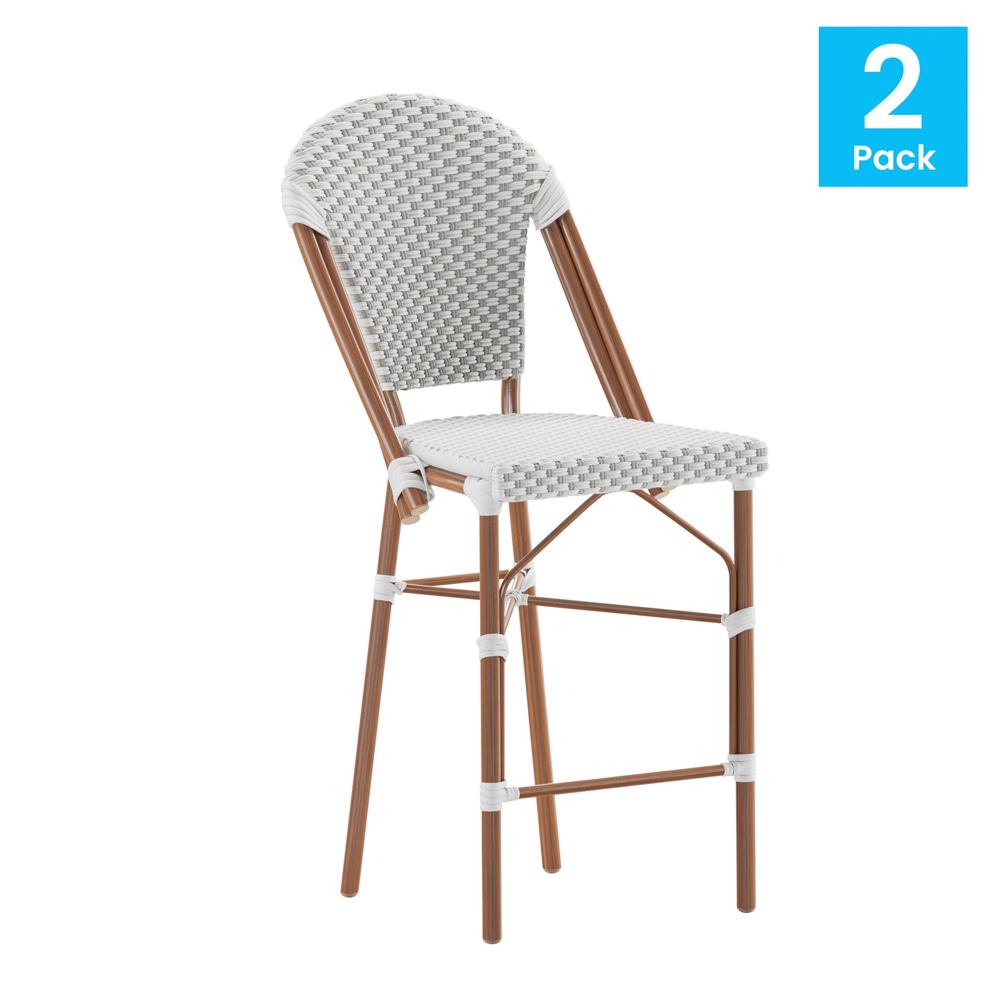 Lourdes Set of 2 Stackable Indoor/Outdoor Bistro 26" High Counter Height Stools, Commercial Grade, White/Gray and Bamboo Finish White & Gray/Natural Frame