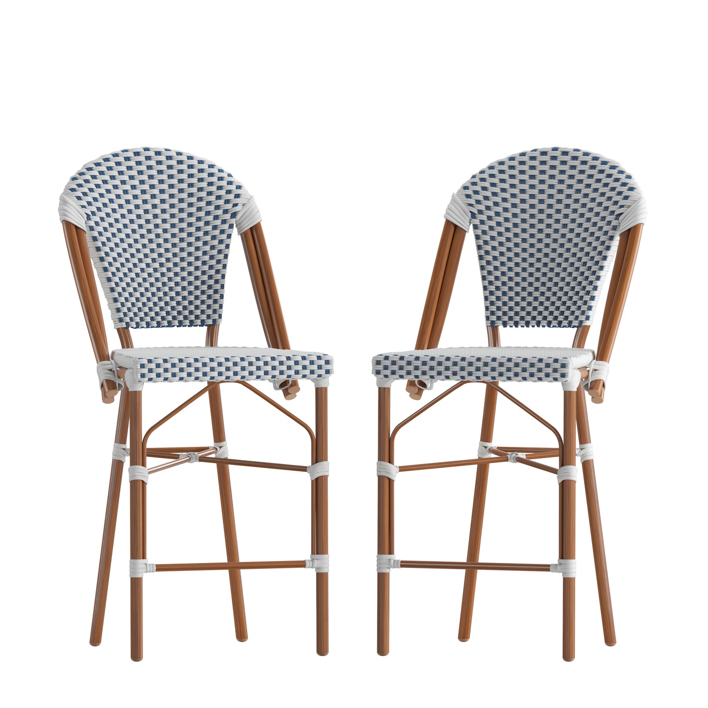 Lourdes Set of 2 Stackable Indoor/Outdoor Bistro 26" High Counter Height Stools, Commercial Grade, White/Navy and Bamboo Finish White & Navy/Natural Frame