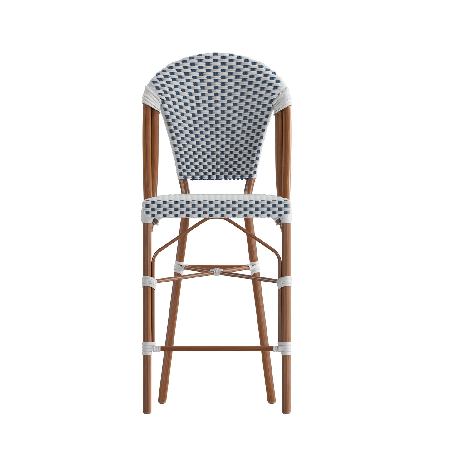 Lourdes Set of 2 Stackable Indoor/Outdoor Bistro 26" High Counter Height Stools, Commercial Grade, White/Navy and Bamboo Finish White & Navy/Natural Frame