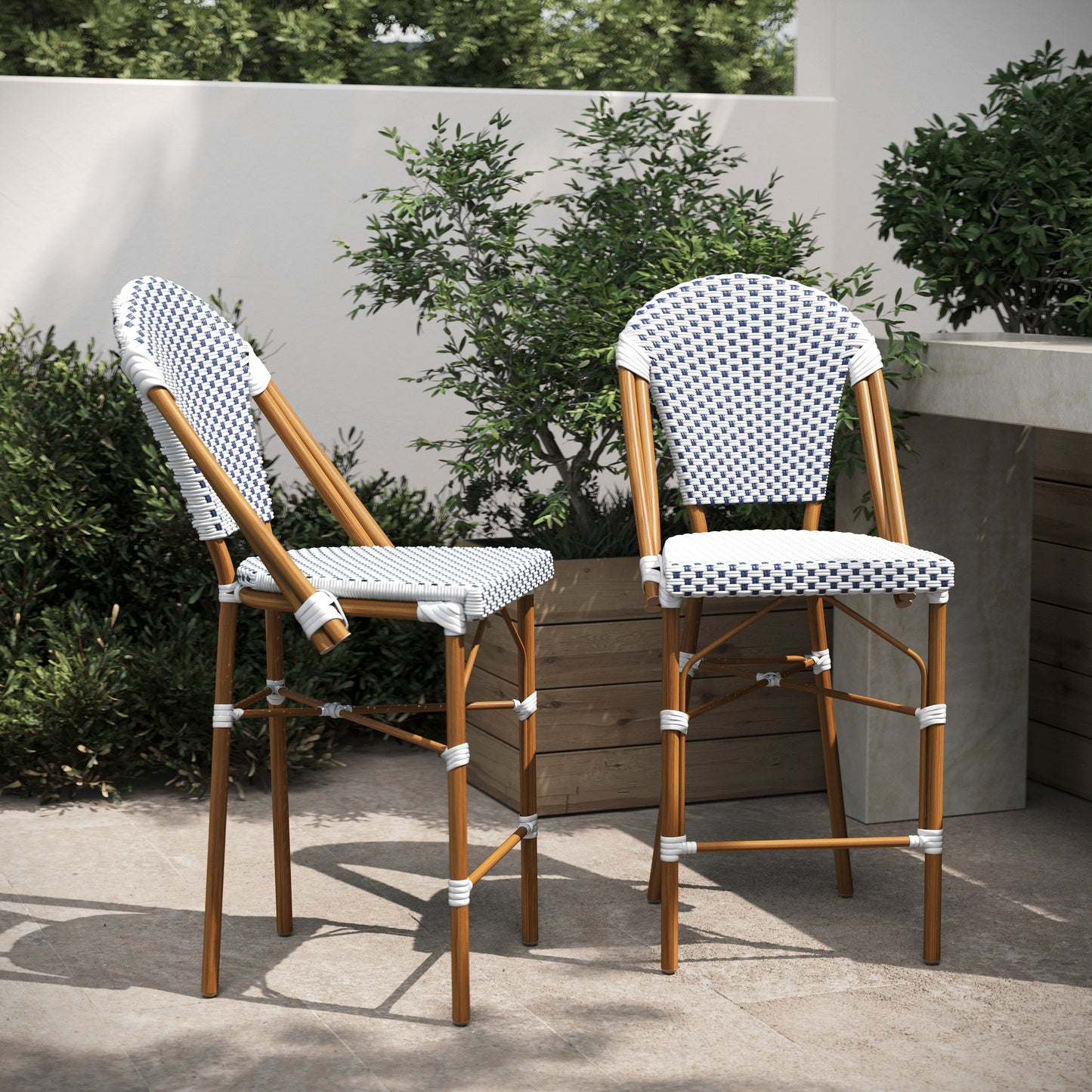 Lourdes Set of 2 Stackable Indoor/Outdoor Bistro 26" High Counter Height Stools, Commercial Grade, White/Navy and Bamboo Finish White & Navy/Natural Frame