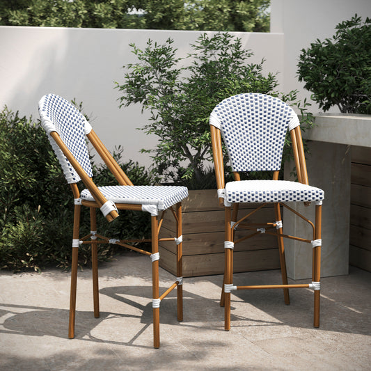 Lourdes Set of 2 Stackable Indoor/Outdoor Bistro 26" High Counter Height Stools, Commercial Grade, White/Navy and Bamboo Finish White & Navy/Natural Frame
