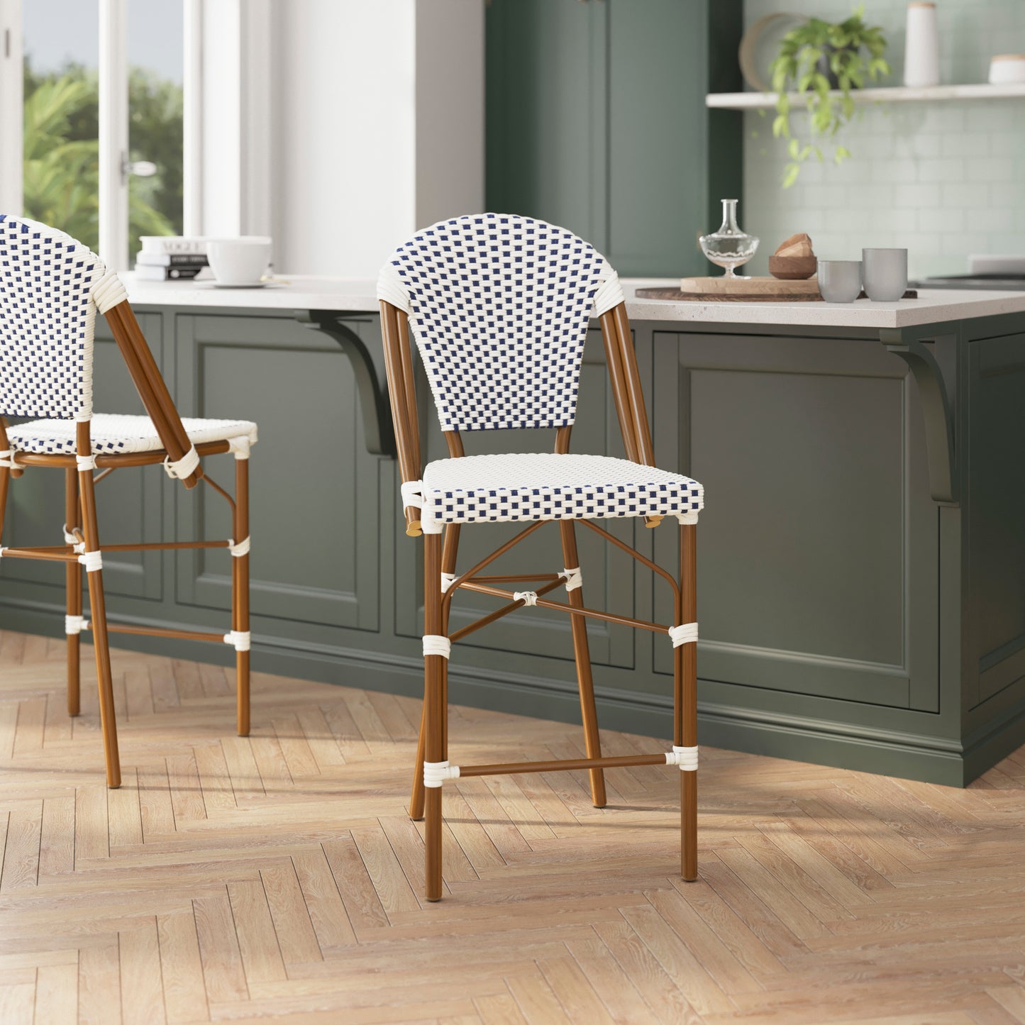 Lourdes Set of 2 Stackable Indoor/Outdoor Bistro 26" High Counter Height Stools, Commercial Grade, White/Navy and Bamboo Finish White & Navy/Natural Frame