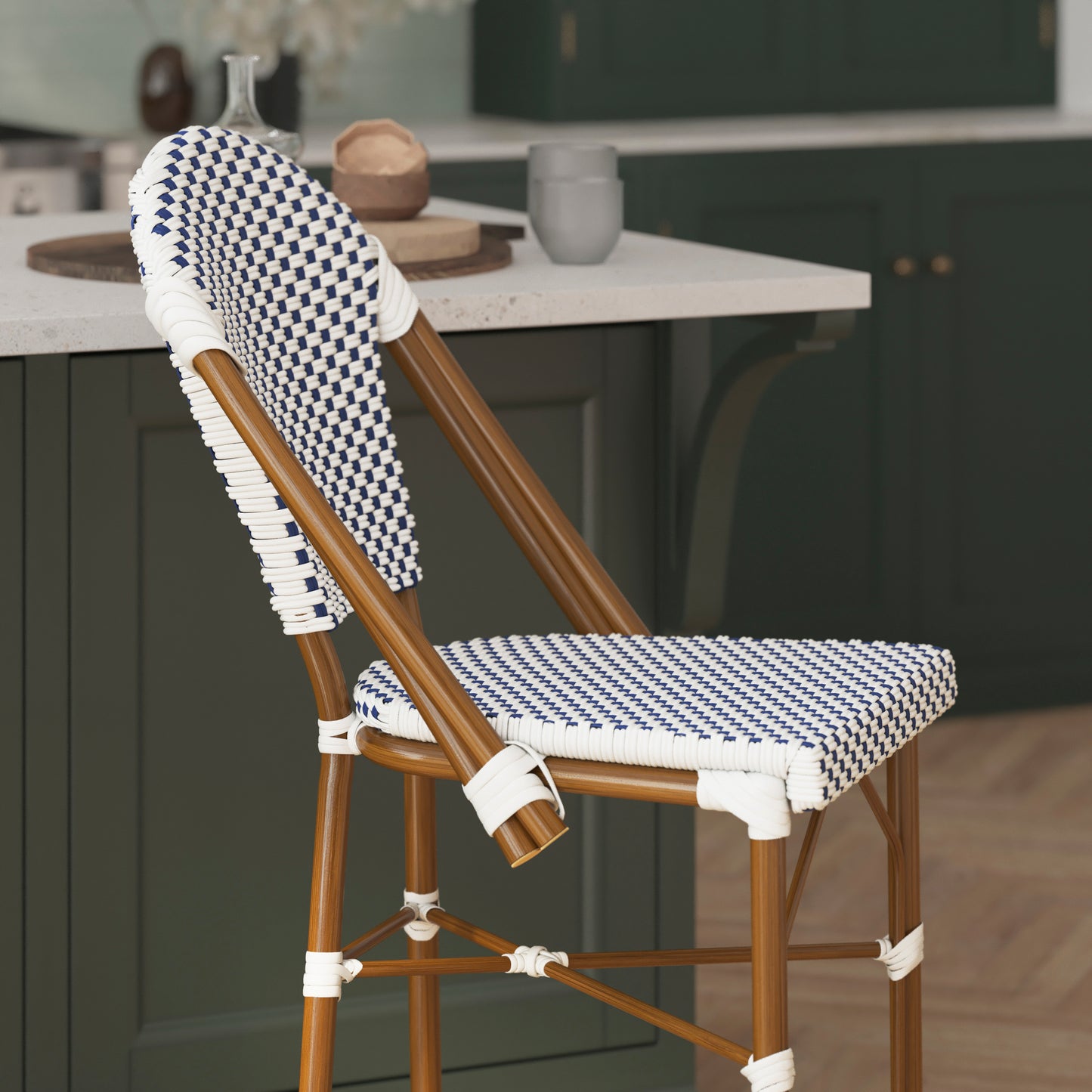Lourdes Set of 2 Stackable Indoor/Outdoor Bistro 26" High Counter Height Stools, Commercial Grade, White/Navy and Bamboo Finish White & Navy/Natural Frame