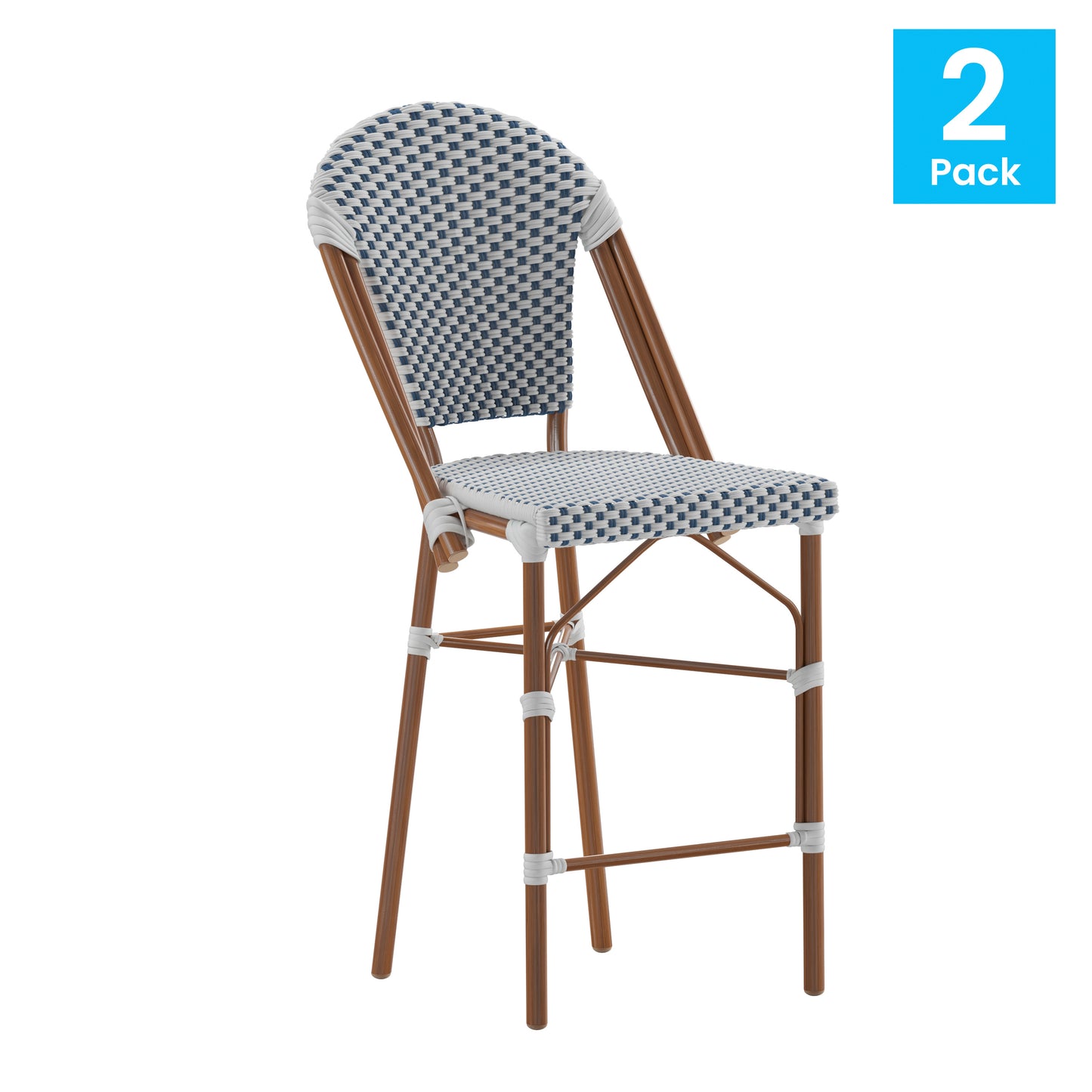 Lourdes Set of 2 Stackable Indoor/Outdoor Bistro 26" High Counter Height Stools, Commercial Grade, White/Navy and Bamboo Finish White & Navy/Natural Frame