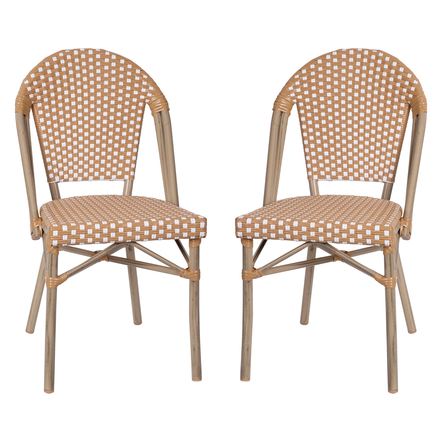 Lourdes Set of 2 Indoor/Outdoor Commercial Bistro Stack Chairs, Natural/White PE Rattan Back & Seat, Bamboo Print Light Natural Aluminum Frame Natural & White/Light Natural Frame