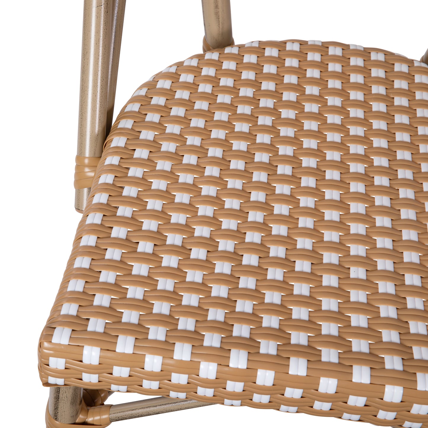 Lourdes Set of 2 Indoor/Outdoor Commercial Bistro Stack Chairs, Natural/White PE Rattan Back & Seat, Bamboo Print Light Natural Aluminum Frame Natural & White/Light Natural Frame