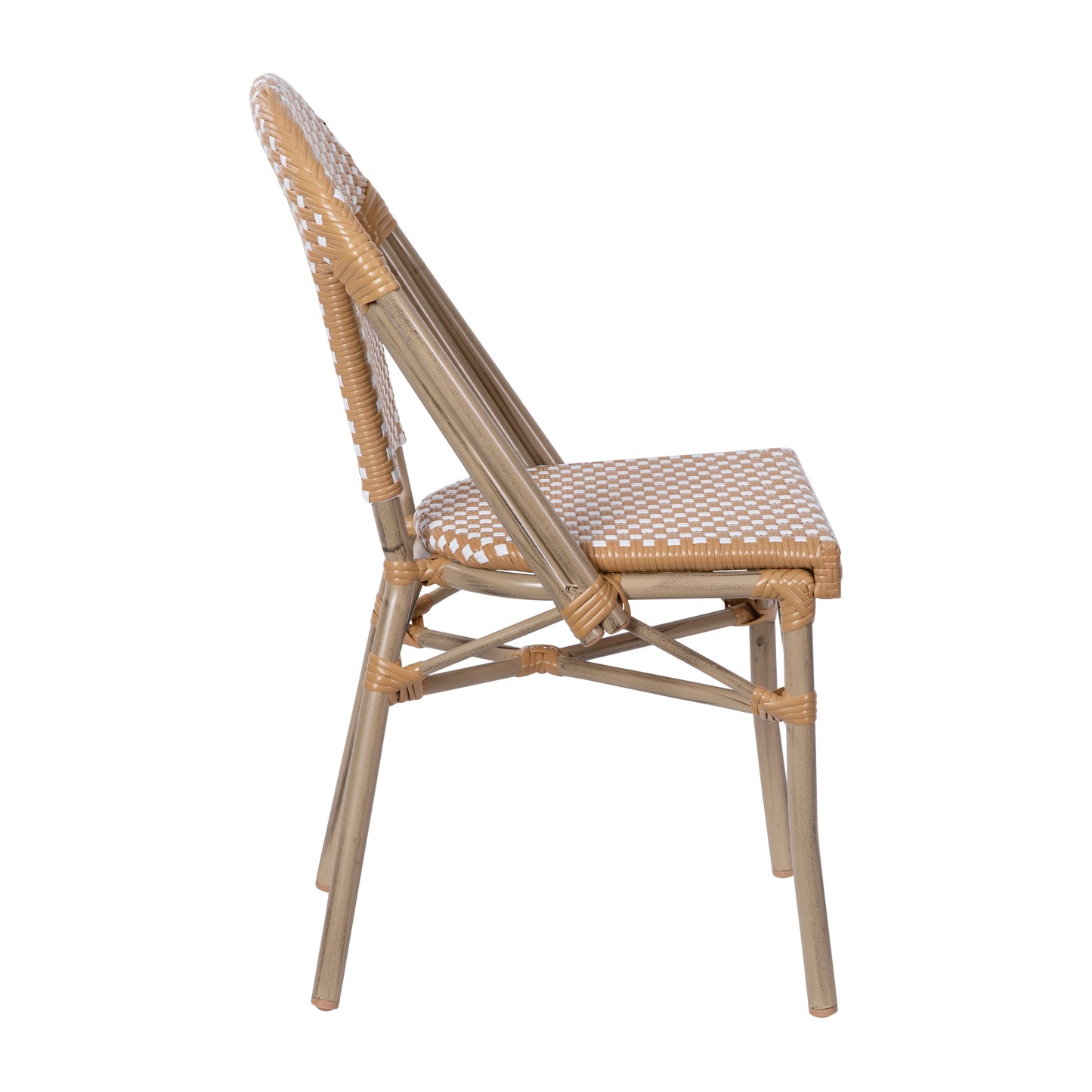 Lourdes Set of 2 Indoor/Outdoor Commercial Bistro Stack Chairs, Natural/White PE Rattan Back & Seat, Bamboo Print Light Natural Aluminum Frame Natural & White/Light Natural Frame