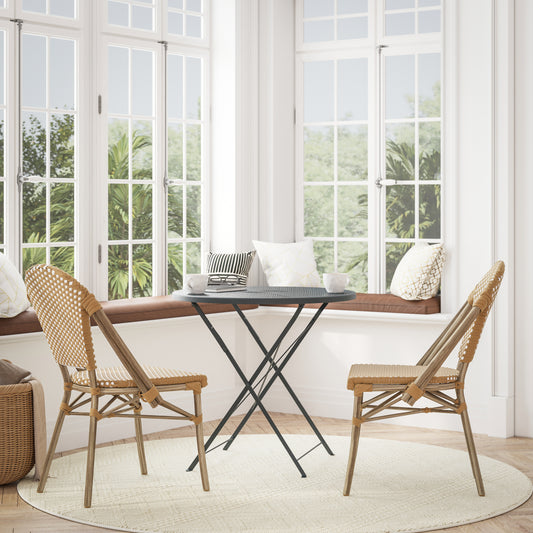 Lourdes Set of 2 Indoor/Outdoor Commercial Bistro Stack Chairs, Natural/White PE Rattan Back & Seat, Bamboo Print Light Natural Aluminum Frame Natural & White/Light Natural Frame