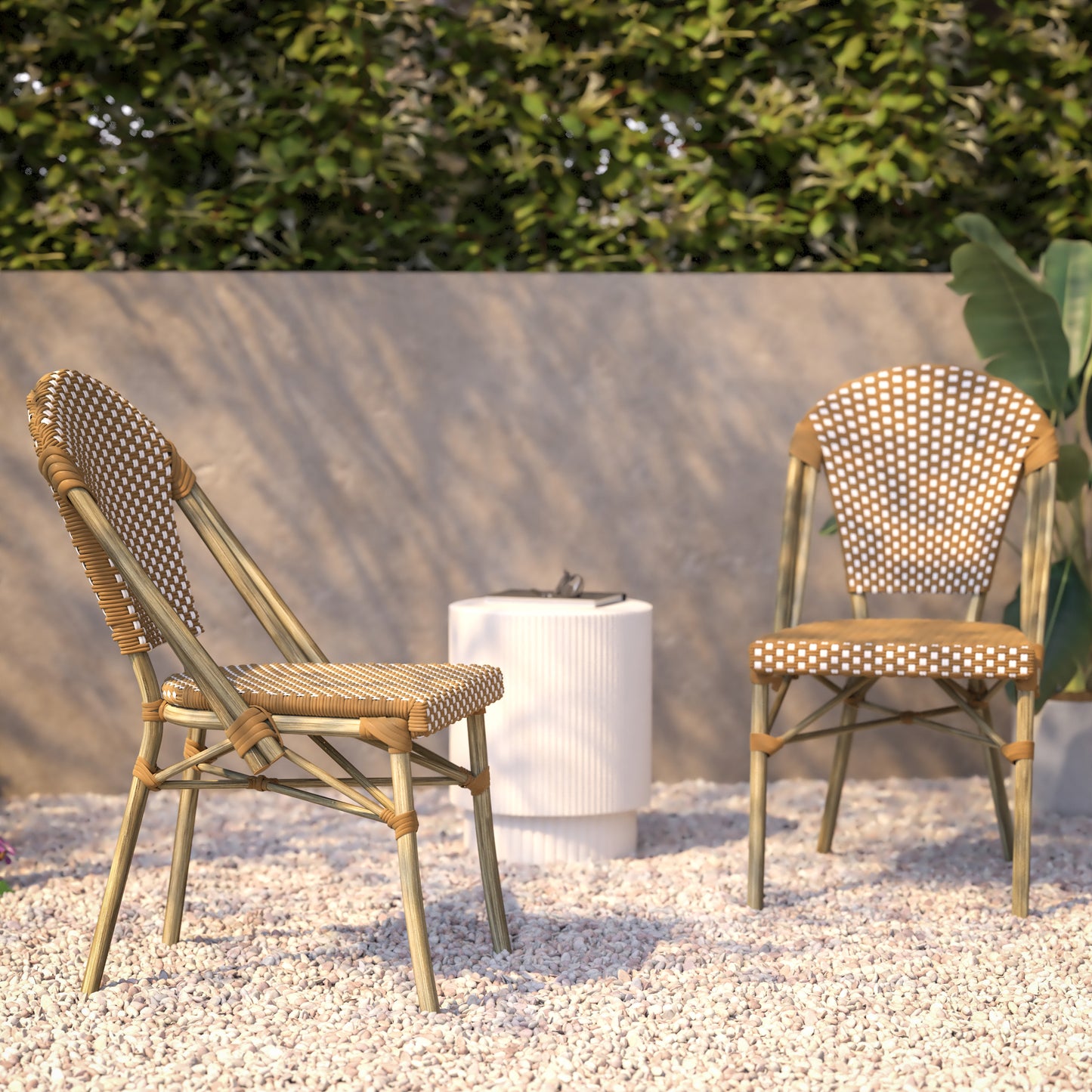 Lourdes Set of 2 Indoor/Outdoor Commercial Bistro Stack Chairs, Natural/White PE Rattan Back & Seat, Bamboo Print Light Natural Aluminum Frame Natural & White/Light Natural Frame