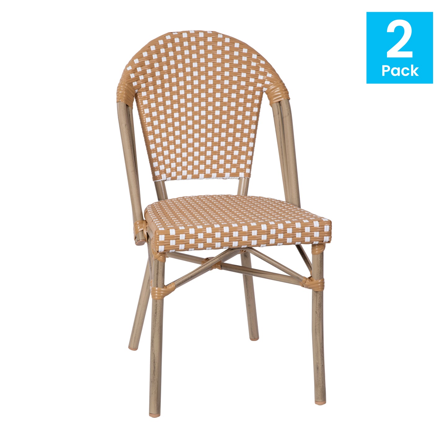 Lourdes Set of 2 Indoor/Outdoor Commercial Bistro Stack Chairs, Natural/White PE Rattan Back & Seat, Bamboo Print Light Natural Aluminum Frame Natural & White/Light Natural Frame