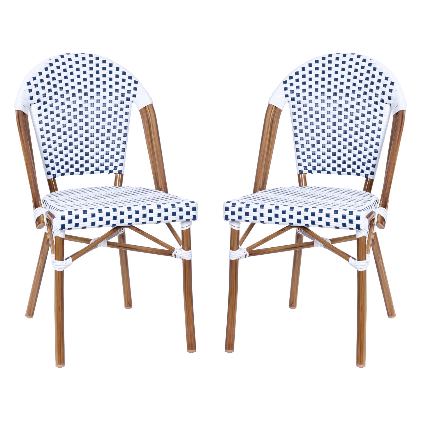 Lourdes Set of 2 Indoor/Outdoor Commercial Bistro Stacking Chair, White/Gray PE Rattan Back and Seat, Bamboo Print Aluminum Frame in Natural White & Gray/Natural Frame