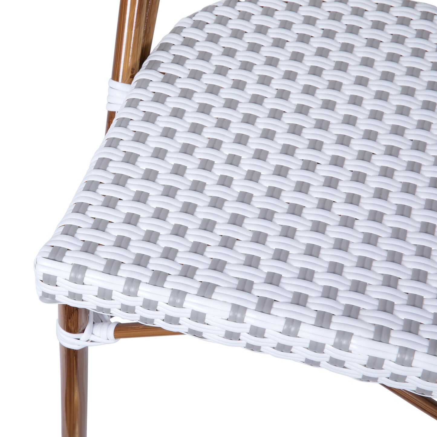 Lourdes Set of 2 Indoor/Outdoor Commercial Bistro Stacking Chair, White/Gray PE Rattan Back and Seat, Bamboo Print Aluminum Frame in Natural White & Gray/Natural Frame