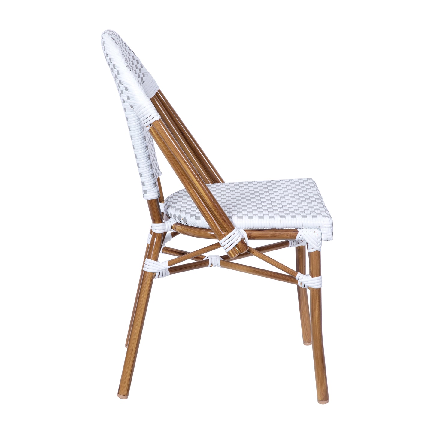 Lourdes Set of 2 Indoor/Outdoor Commercial Bistro Stacking Chair, White/Gray PE Rattan Back and Seat, Bamboo Print Aluminum Frame in Natural White & Gray/Natural Frame