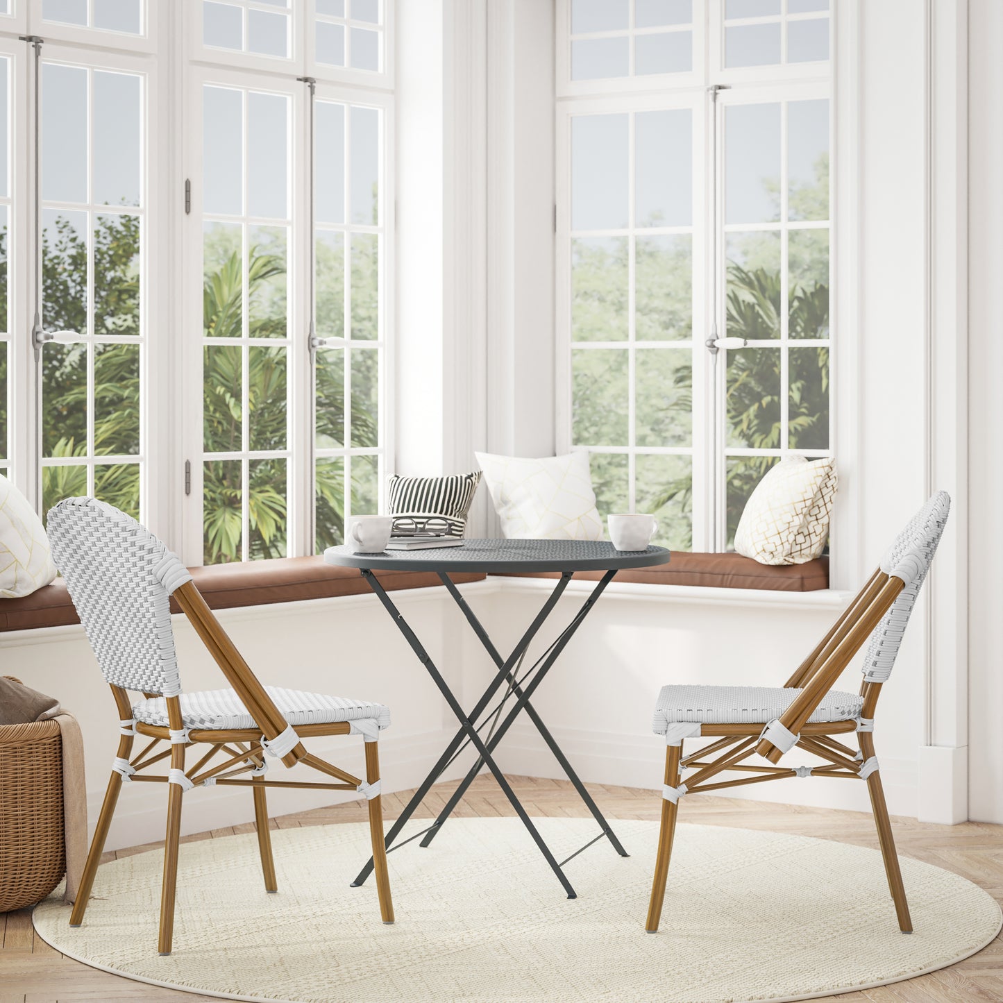 Lourdes Set of 2 Indoor/Outdoor Commercial Bistro Stacking Chair, White/Gray PE Rattan Back and Seat, Bamboo Print Aluminum Frame in Natural White & Gray/Natural Frame