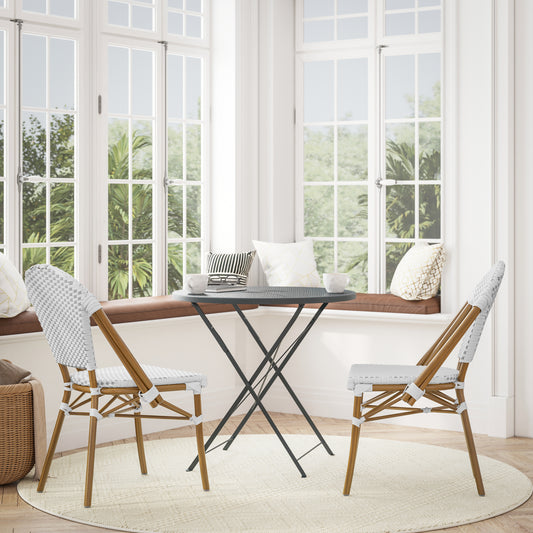 Lourdes Set of 2 Indoor/Outdoor Commercial Bistro Stacking Chair, White/Gray PE Rattan Back and Seat, Bamboo Print Aluminum Frame in Natural White & Gray/Natural Frame
