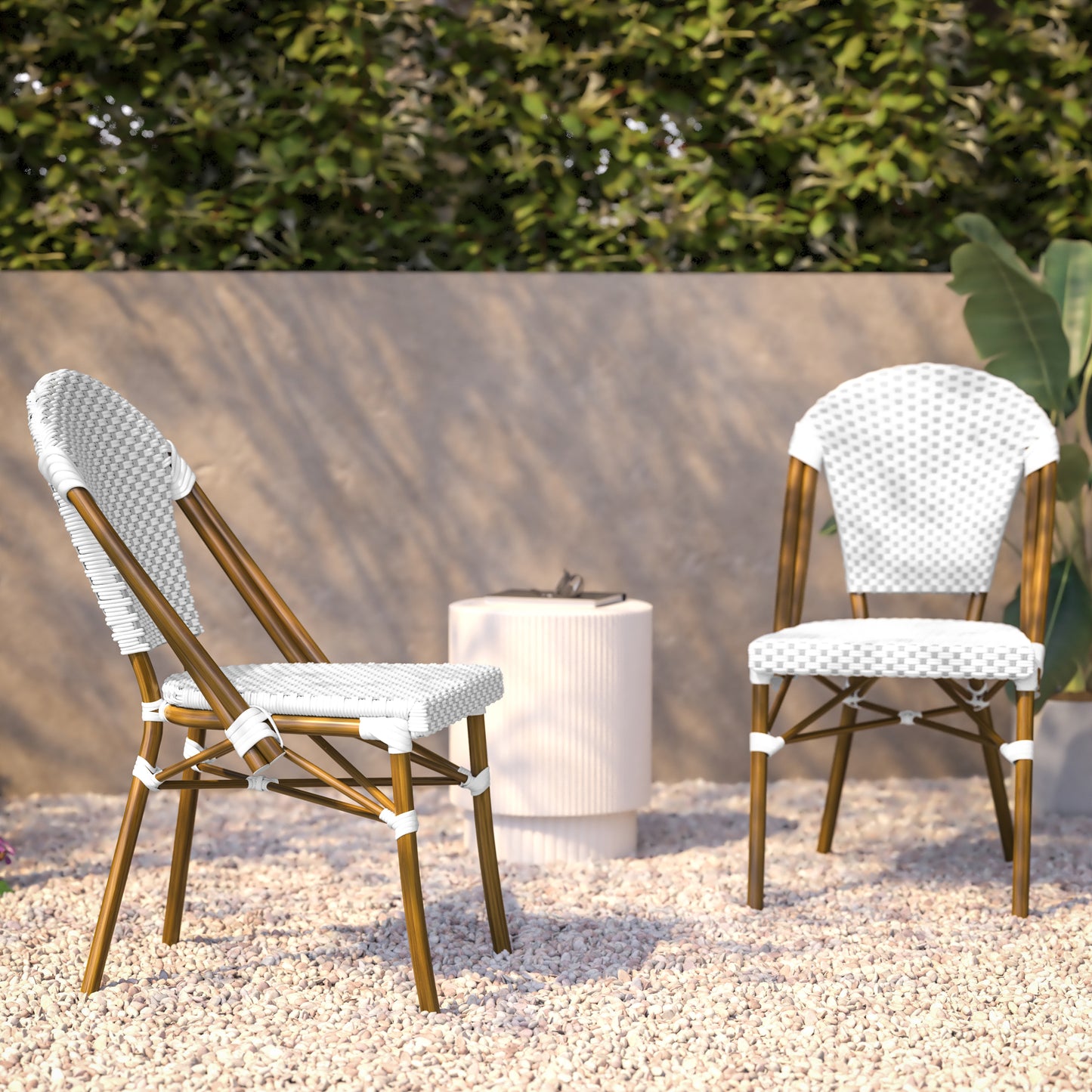 Lourdes Set of 2 Indoor/Outdoor Commercial Bistro Stacking Chair, White/Gray PE Rattan Back and Seat, Bamboo Print Aluminum Frame in Natural White & Gray/Natural Frame