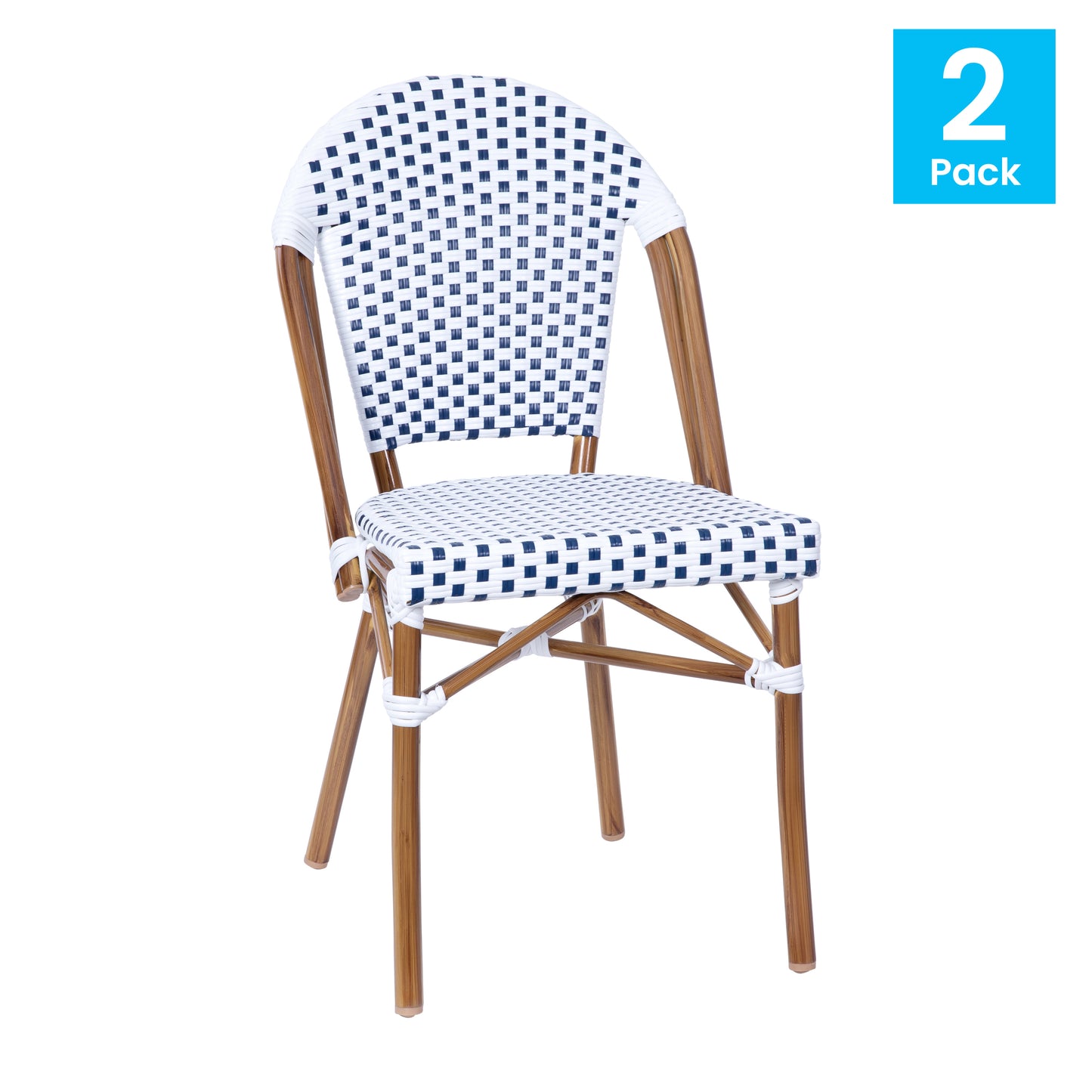 Lourdes Set of 2 Indoor/Outdoor Commercial Bistro Stacking Chair, White/Gray PE Rattan Back and Seat, Bamboo Print Aluminum Frame in Natural White & Gray/Natural Frame