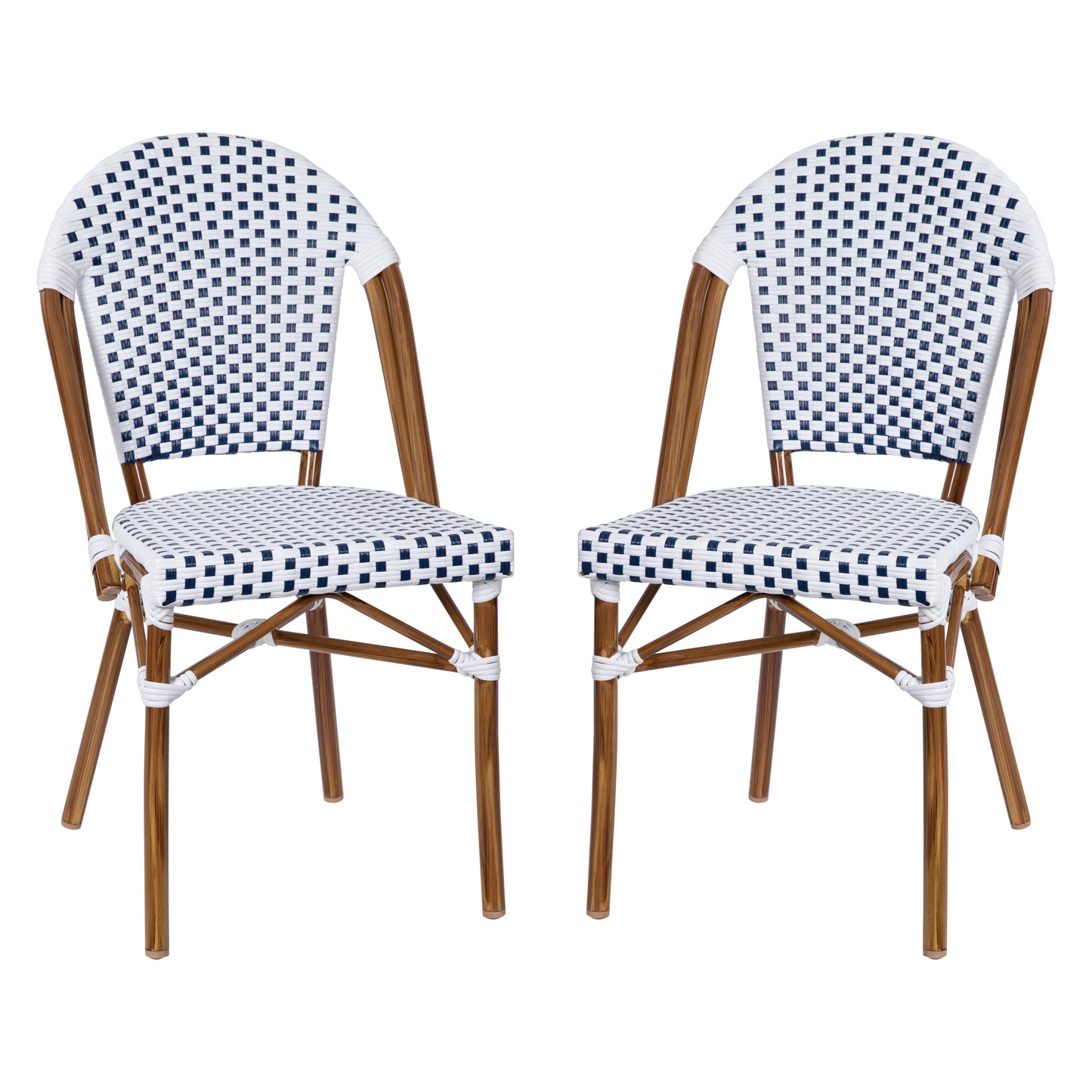 Lourdes Set of 2 Indoor/Outdoor Commercial Bistro Stacking Chair, White/Navy PE Rattan Back and Seat, Bamboo Print Aluminum Frame in Natural White & Navy/Natural Frame
