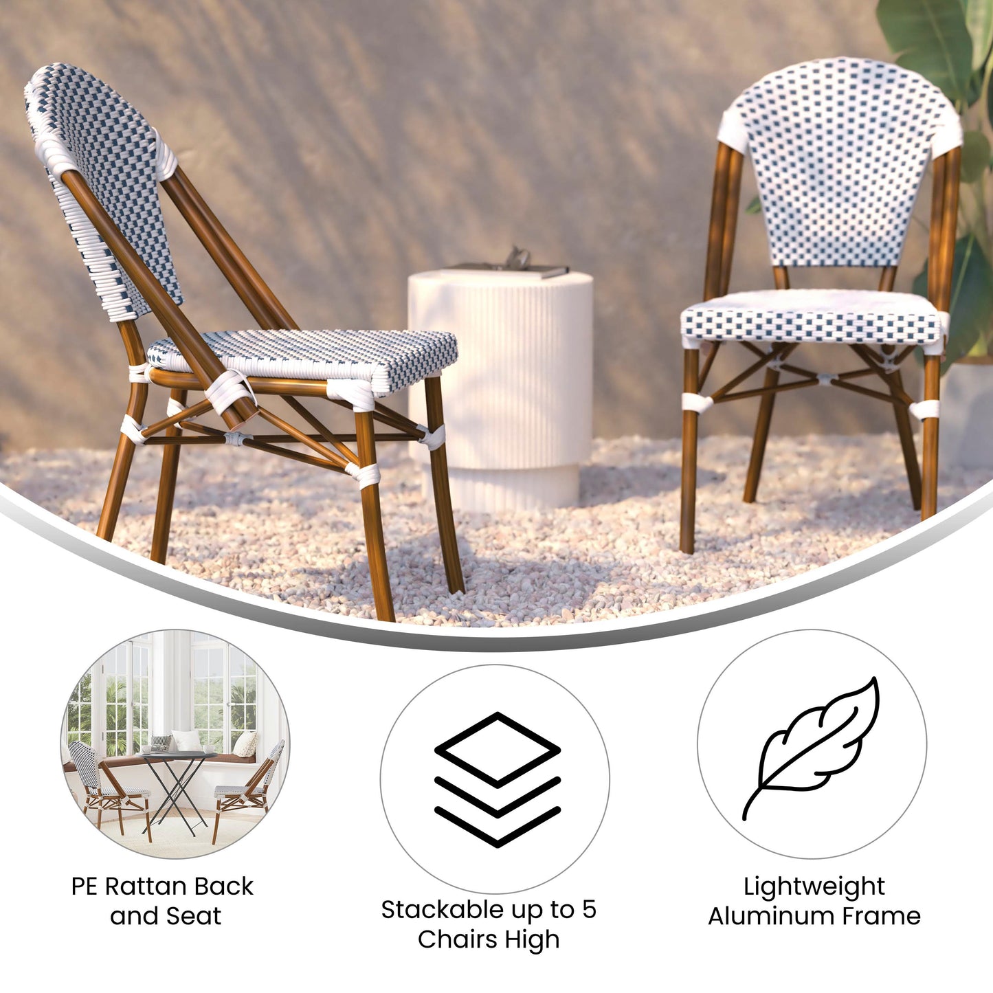 Lourdes Set of 2 Indoor/Outdoor Commercial Bistro Stacking Chair, White/Navy PE Rattan Back and Seat, Bamboo Print Aluminum Frame in Natural White & Navy/Natural Frame