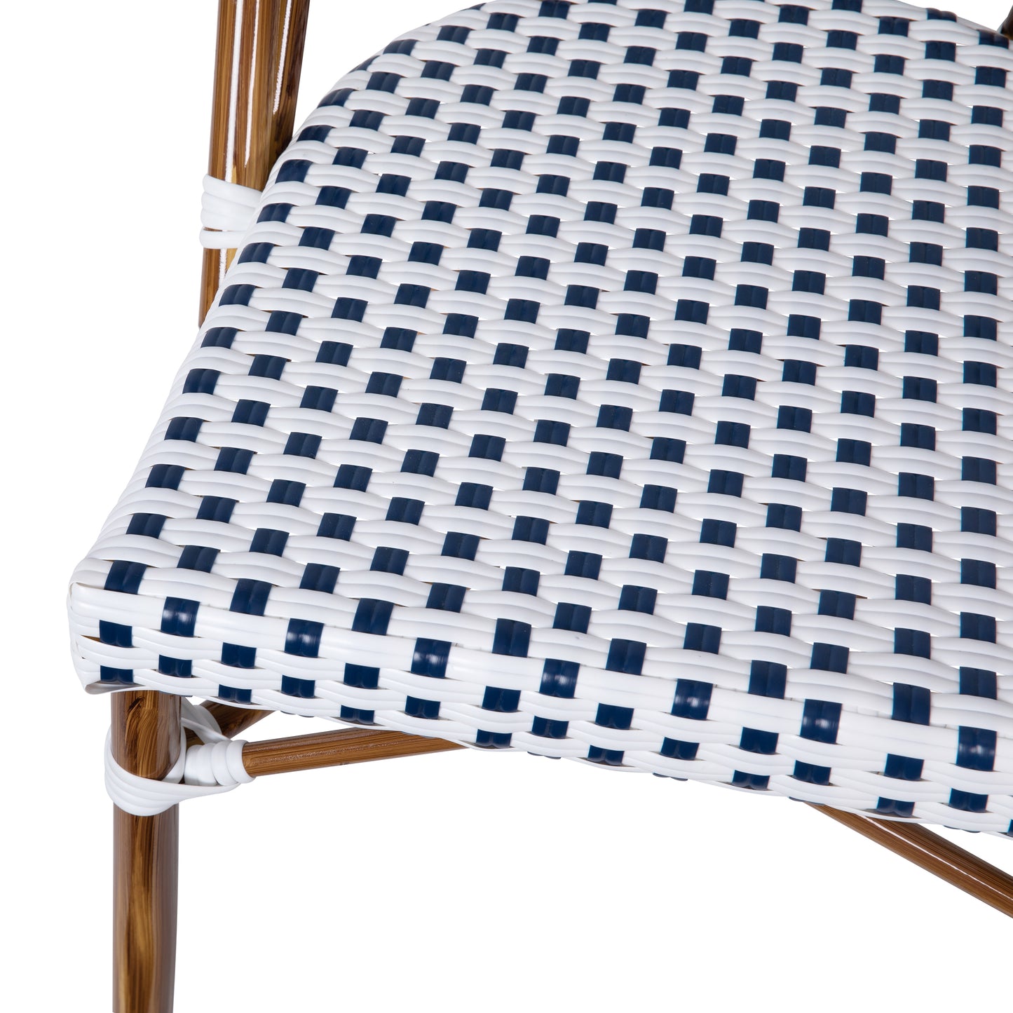 Lourdes Set of 2 Indoor/Outdoor Commercial Bistro Stacking Chair, White/Navy PE Rattan Back and Seat, Bamboo Print Aluminum Frame in Natural White & Navy/Natural Frame