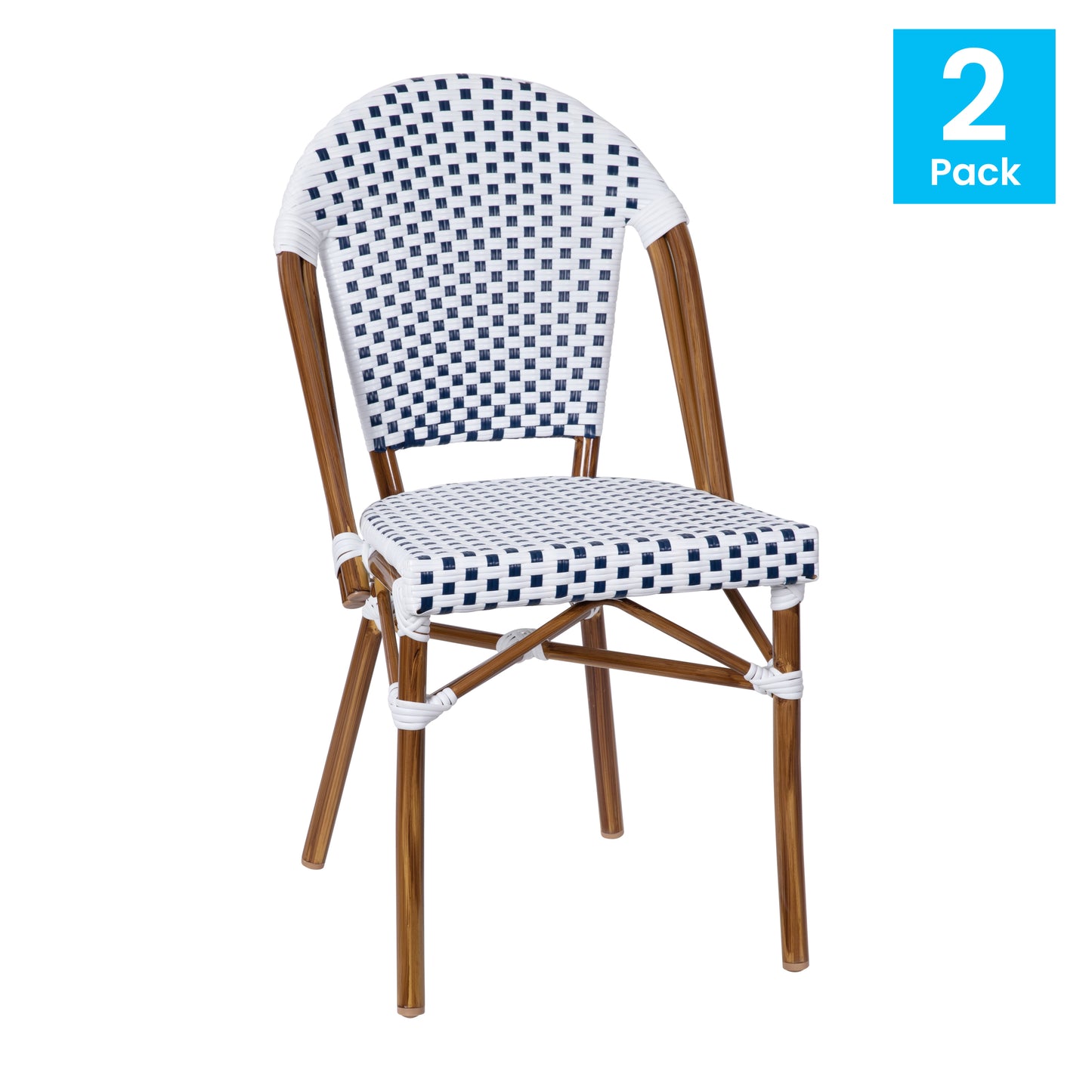 Lourdes Set of 2 Indoor/Outdoor Commercial Bistro Stacking Chair, White/Navy PE Rattan Back and Seat, Bamboo Print Aluminum Frame in Natural White & Navy/Natural Frame