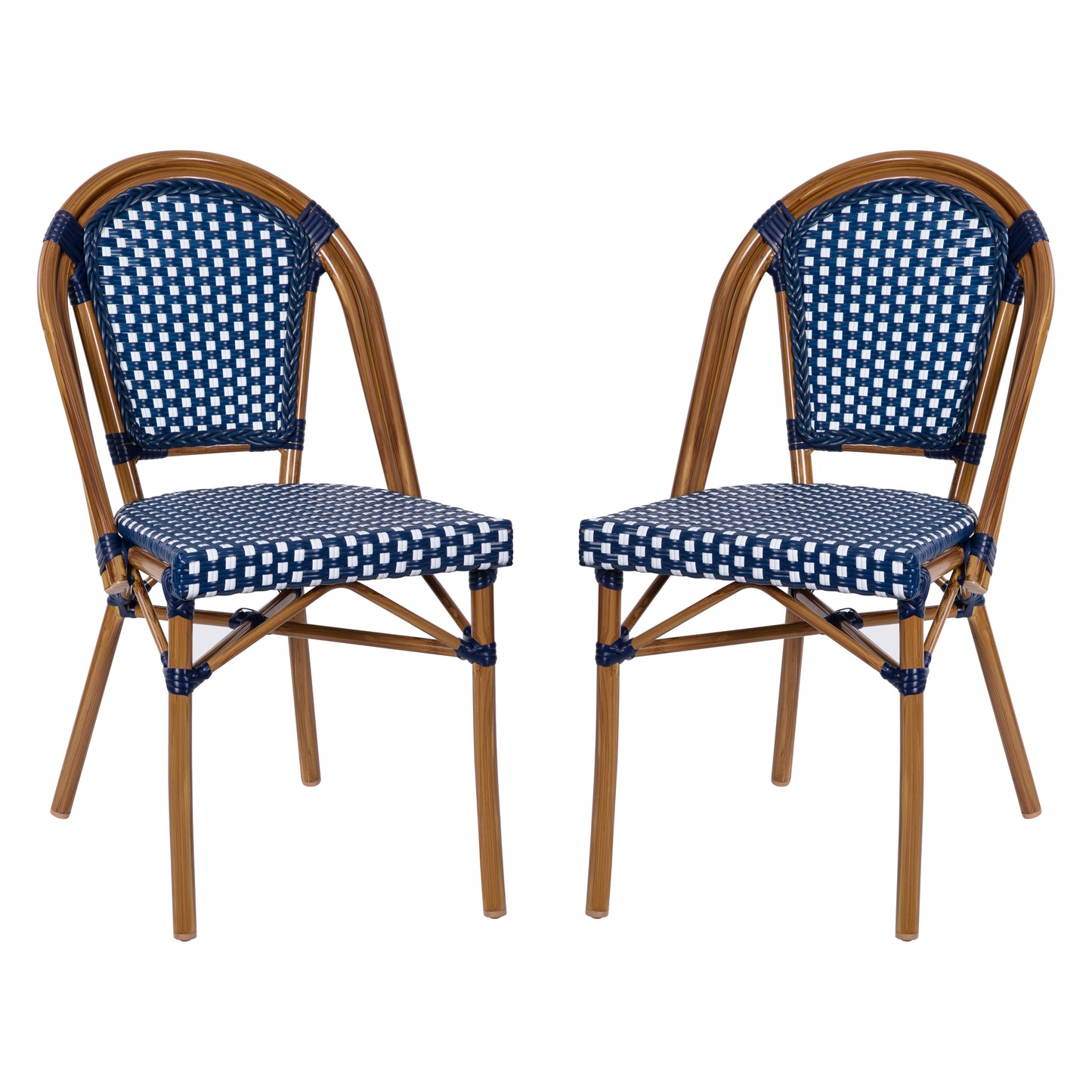 Bordeaux Set of 2 Indoor/Outdoor Commercial Bistro Stacking Chairs, Navy/White PE Rattan Back and Seat, Bamboo Print Aluminum Frame in Natural Navy & White/Natural Frame