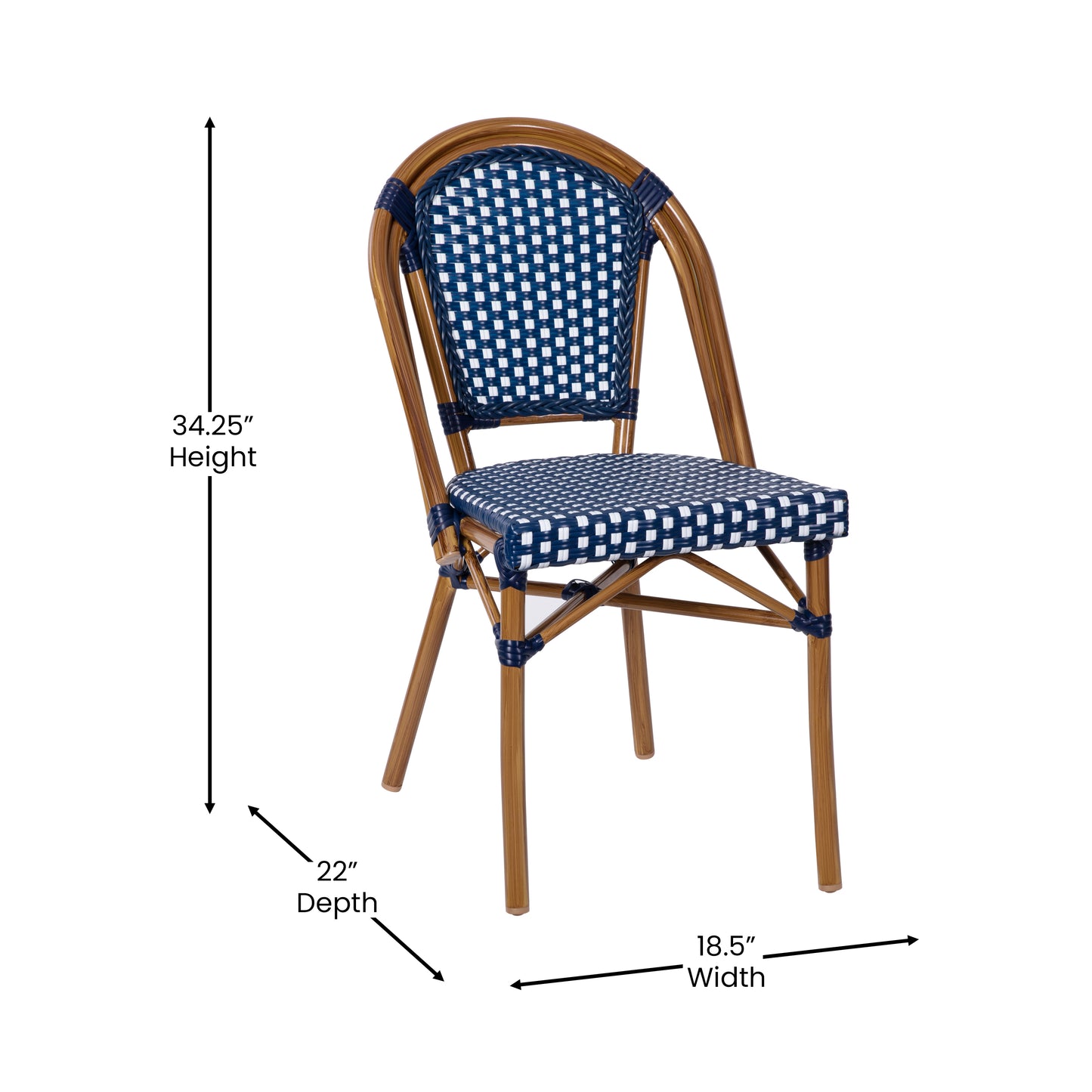 Bordeaux Set of 2 Indoor/Outdoor Commercial Bistro Stacking Chairs, Navy/White PE Rattan Back and Seat, Bamboo Print Aluminum Frame in Natural Navy & White/Natural Frame