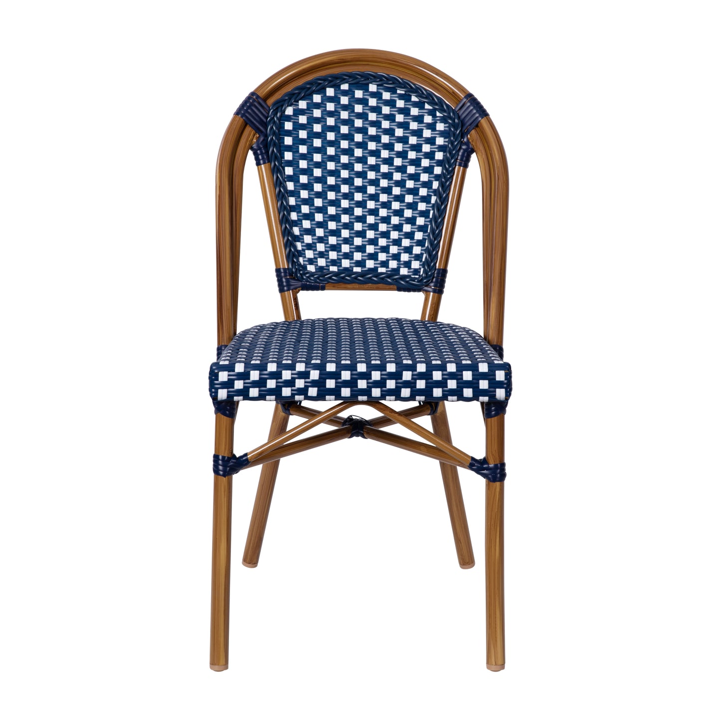 Bordeaux Set of 2 Indoor/Outdoor Commercial Bistro Stacking Chairs, Navy/White PE Rattan Back and Seat, Bamboo Print Aluminum Frame in Natural Navy & White/Natural Frame