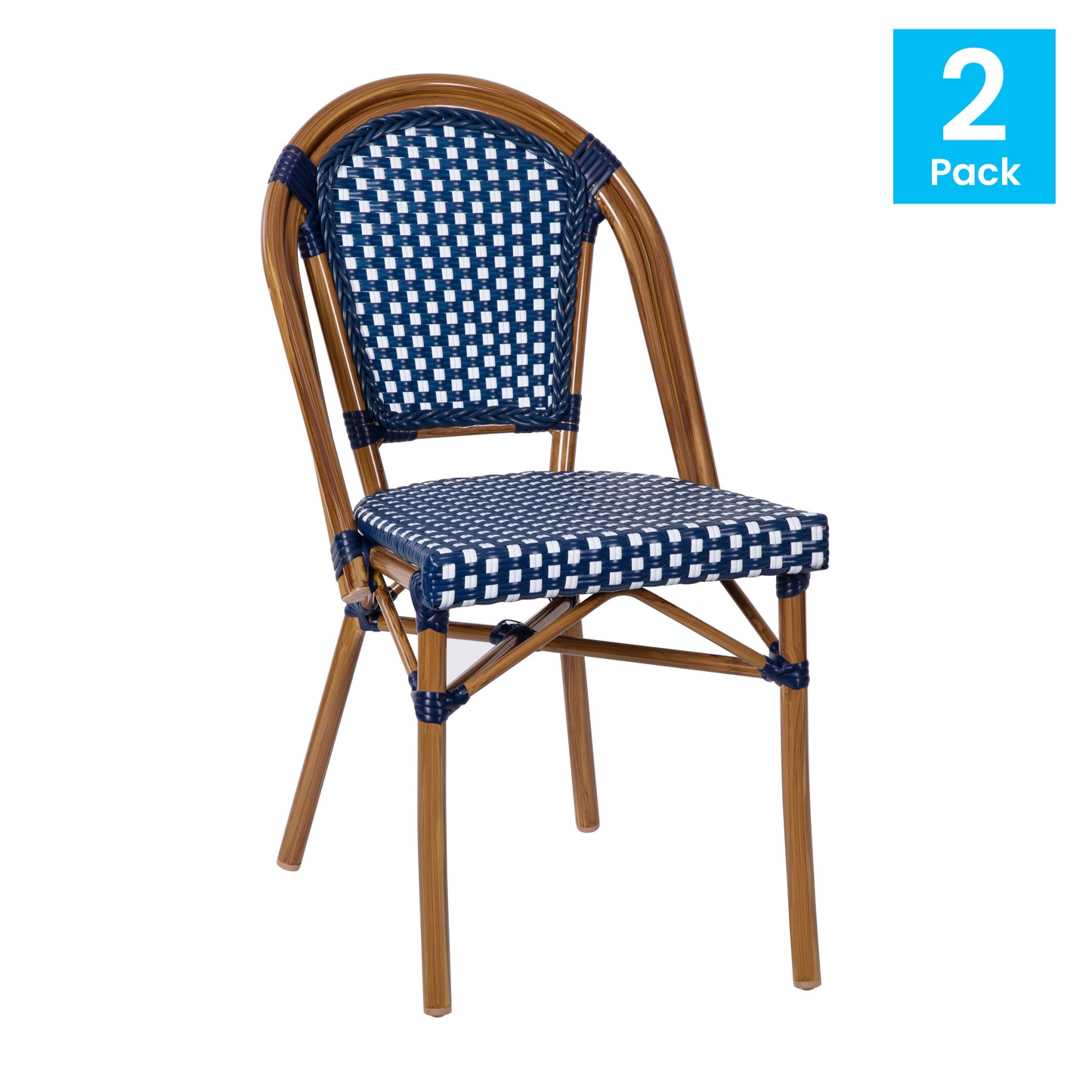 Bordeaux Set of 2 Indoor/Outdoor Commercial Bistro Stacking Chairs, Navy/White PE Rattan Back and Seat, Bamboo Print Aluminum Frame in Natural Navy & White/Natural Frame