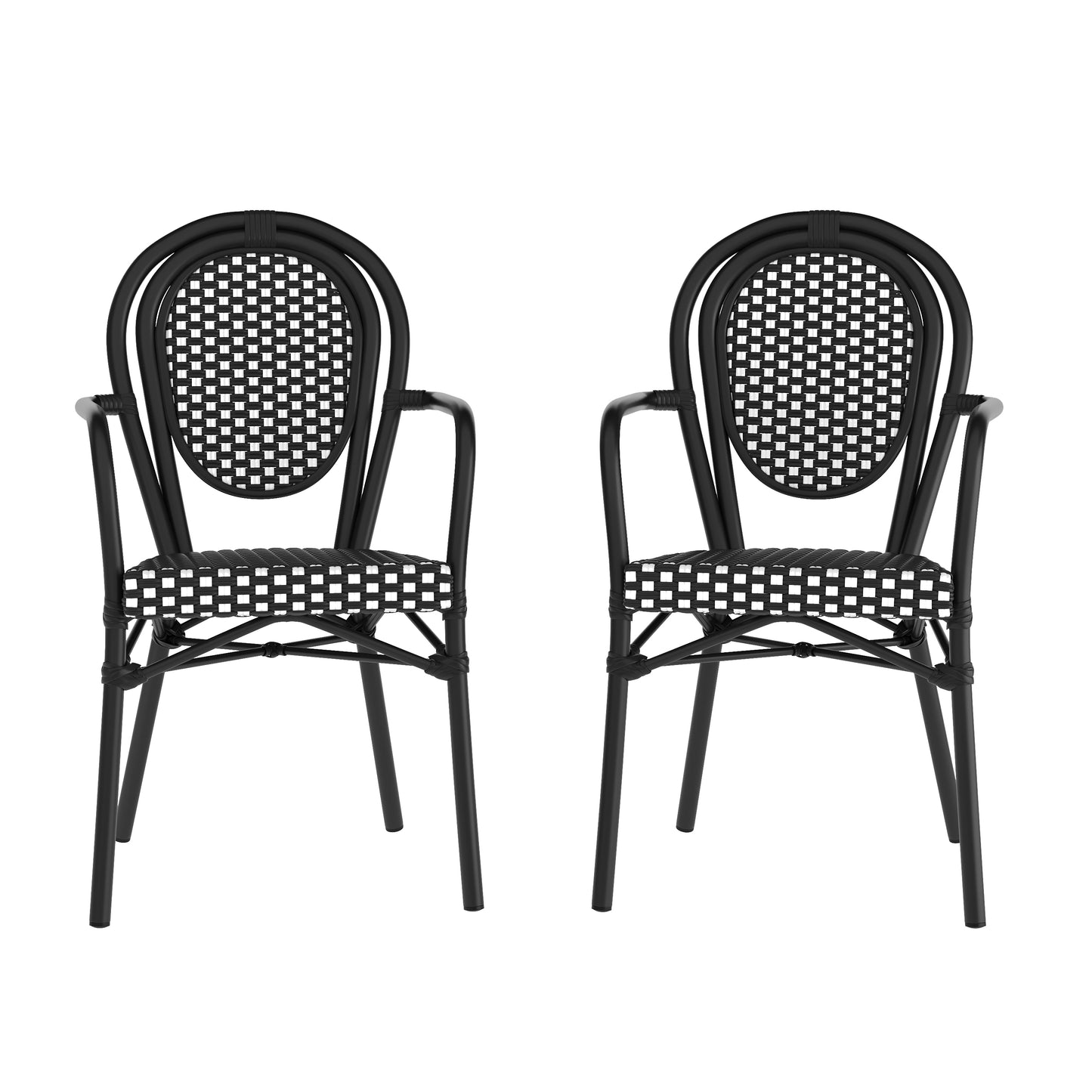 2 Pack Lourdes Indoor/Outdoor Commercial Thonet Bistro Stacking Chair with Arms, Black and White PE Rattan and Black Aluminum Frame Black & White/Black Frame