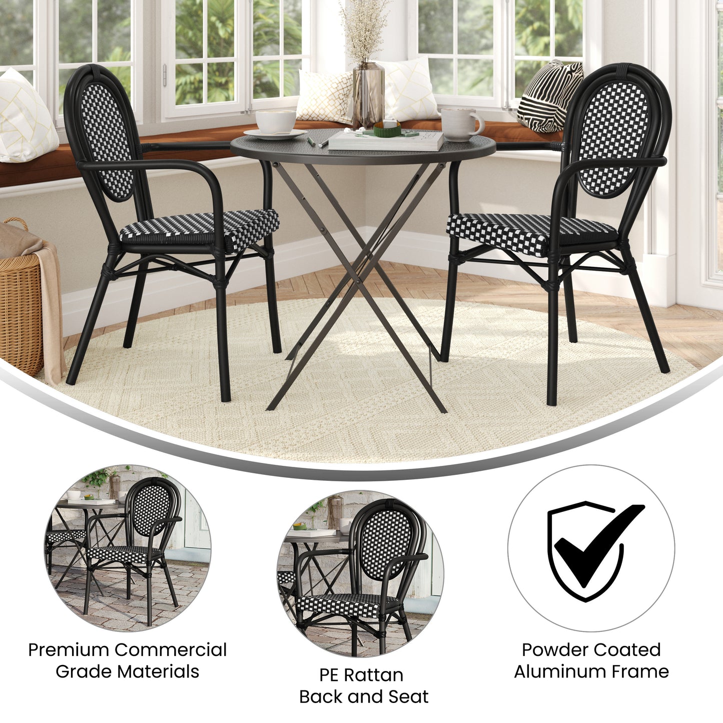 2 Pack Lourdes Indoor/Outdoor Commercial Thonet Bistro Stacking Chair with Arms, Black and White PE Rattan and Black Aluminum Frame Black & White/Black Frame