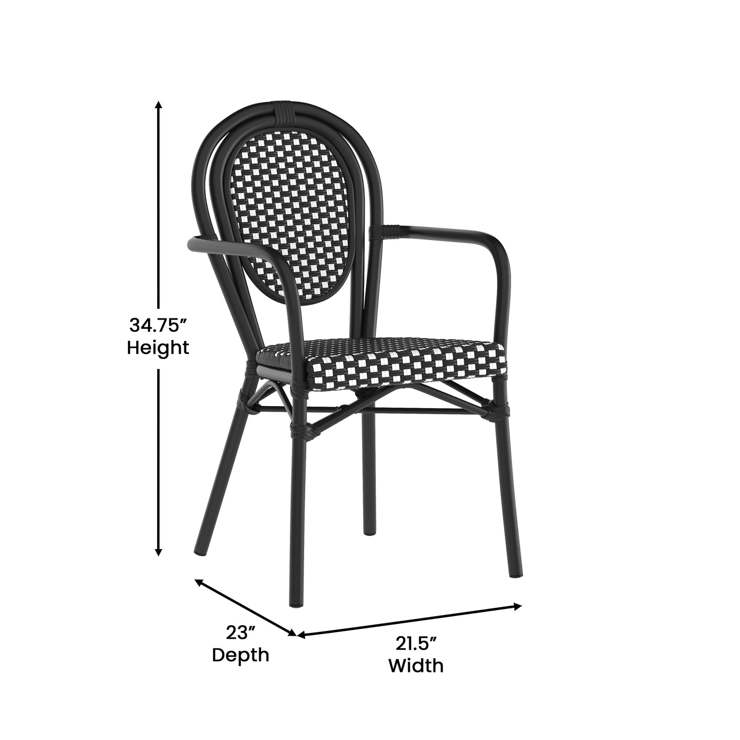 2 Pack Lourdes Indoor/Outdoor Commercial Thonet Bistro Stacking Chair with Arms, Black and White PE Rattan and Black Aluminum Frame Black & White/Black Frame