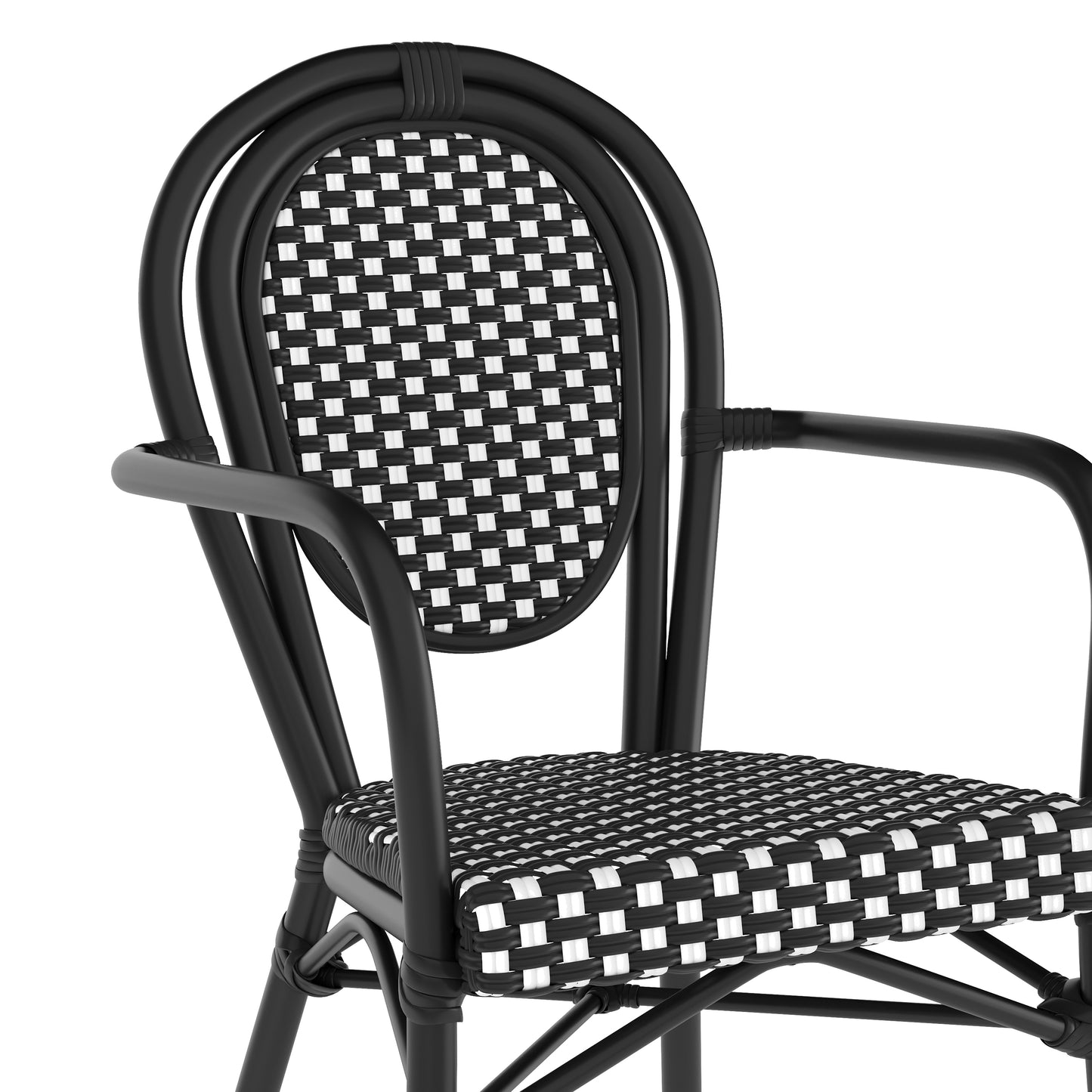 2 Pack Lourdes Indoor/Outdoor Commercial Thonet Bistro Stacking Chair with Arms, Black and White PE Rattan and Black Aluminum Frame Black & White/Black Frame