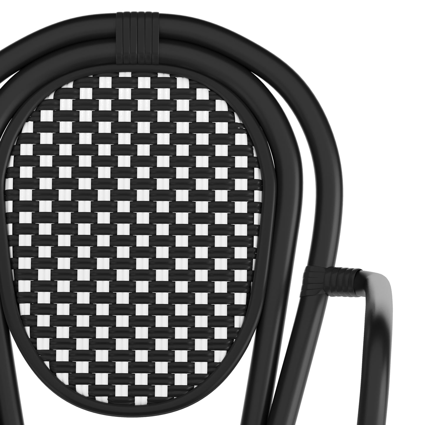 2 Pack Lourdes Indoor/Outdoor Commercial Thonet Bistro Stacking Chair with Arms, Black and White PE Rattan and Black Aluminum Frame Black & White/Black Frame