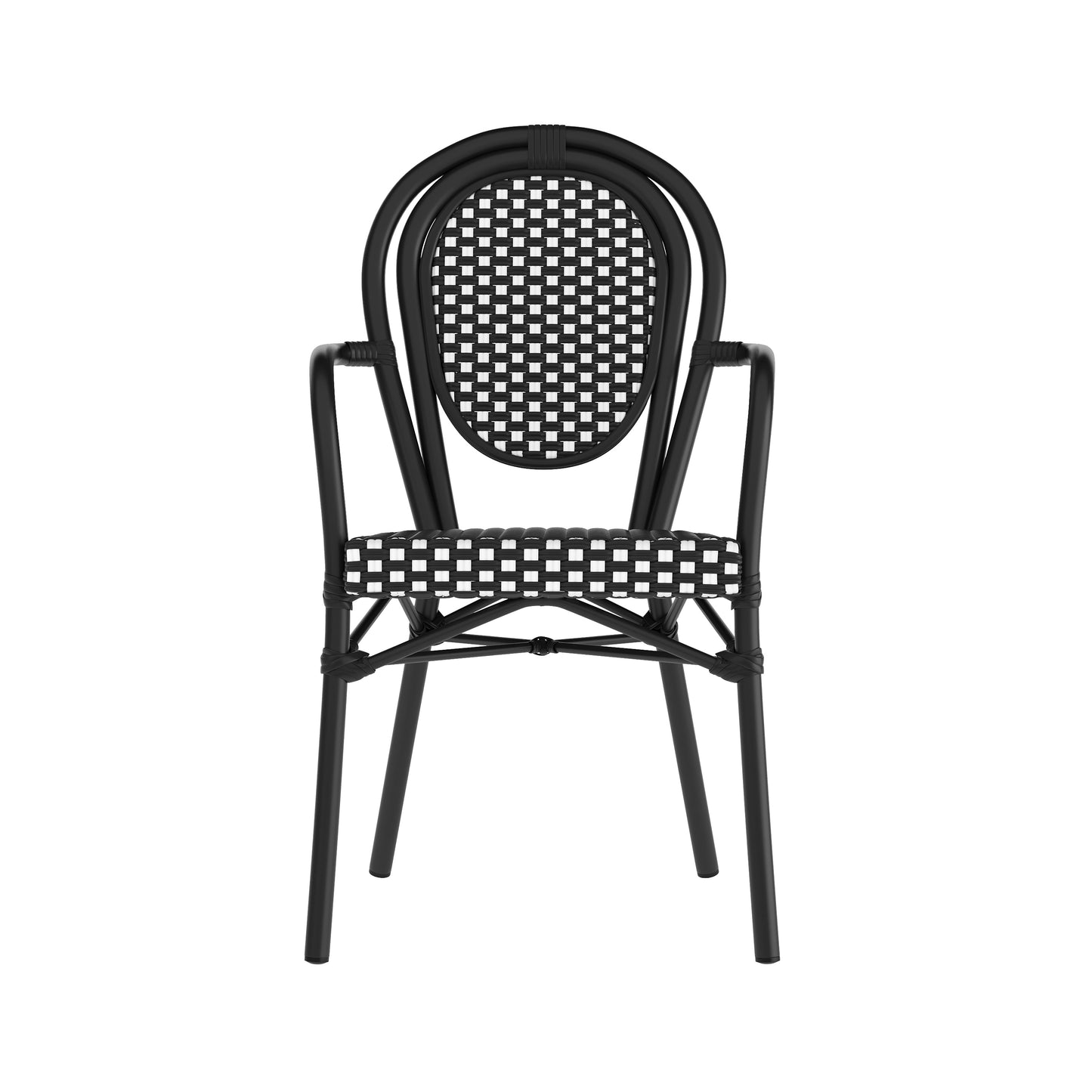 2 Pack Lourdes Indoor/Outdoor Commercial Thonet Bistro Stacking Chair with Arms, Black and White PE Rattan and Black Aluminum Frame Black & White/Black Frame