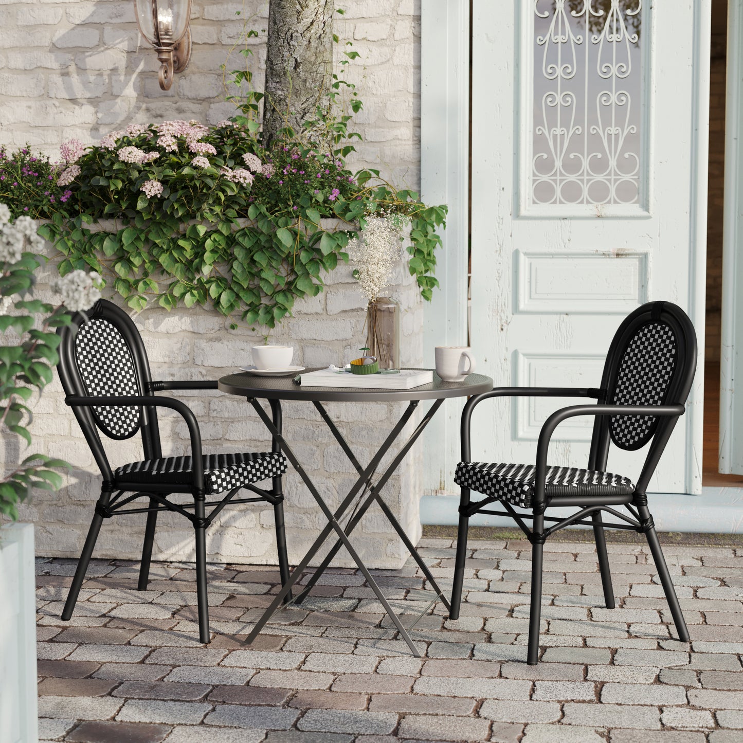 2 Pack Lourdes Indoor/Outdoor Commercial Thonet Bistro Stacking Chair with Arms, Black and White PE Rattan and Black Aluminum Frame Black & White/Black Frame