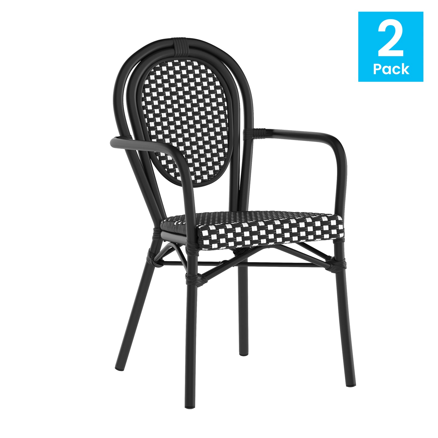 2 Pack Lourdes Indoor/Outdoor Commercial Thonet Bistro Stacking Chair with Arms, Black and White PE Rattan and Black Aluminum Frame Black & White/Black Frame